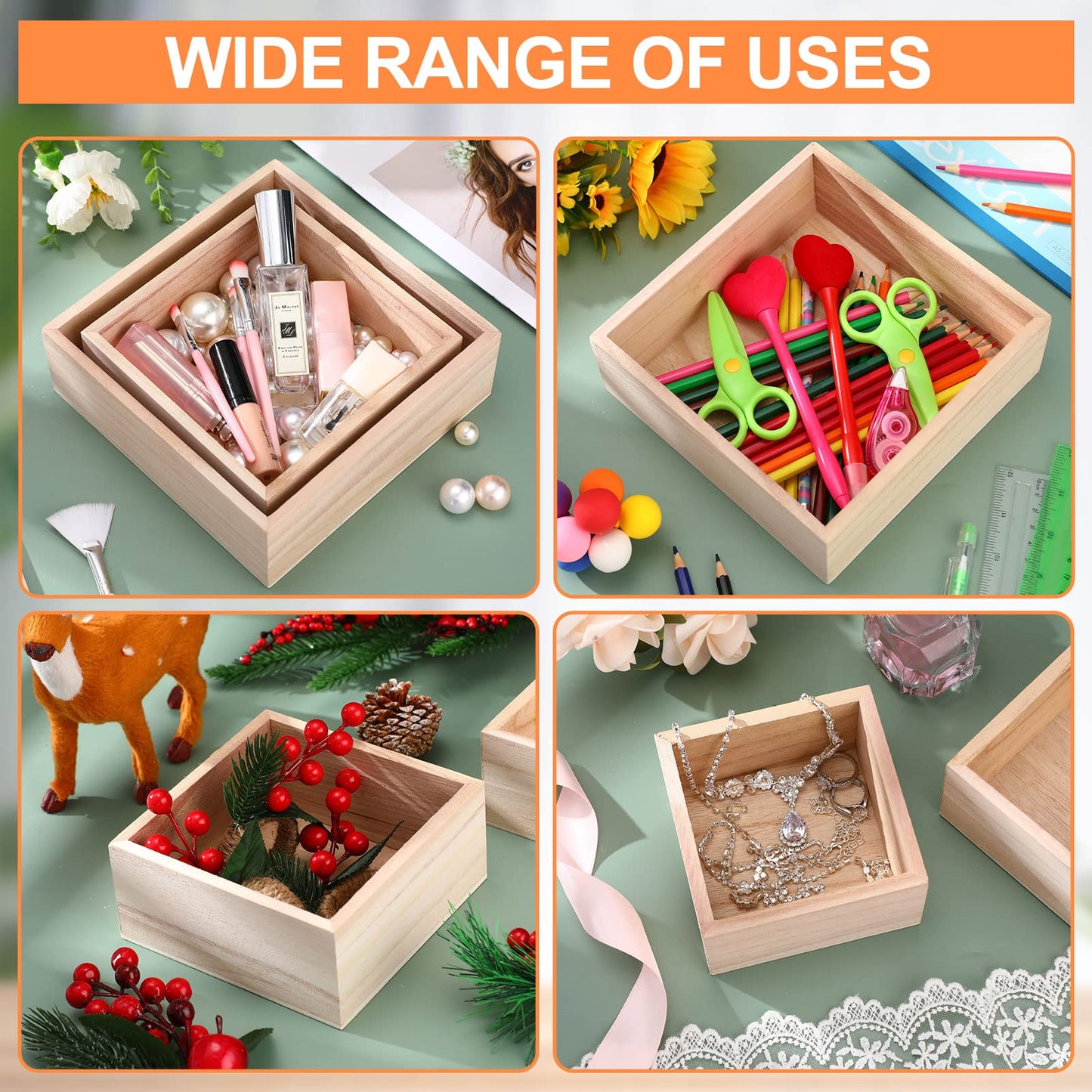 Yookeer 16 Pcs Unfinished Wooden Boxes 4 Size Wood Box Rustic Wooden for Crafts Wood Crates Square Storage Centerpiece for Table Home Drawer Decor Treasure, 4 x 4, 5 x 5, 6 x 6, 7 x 7 Inch