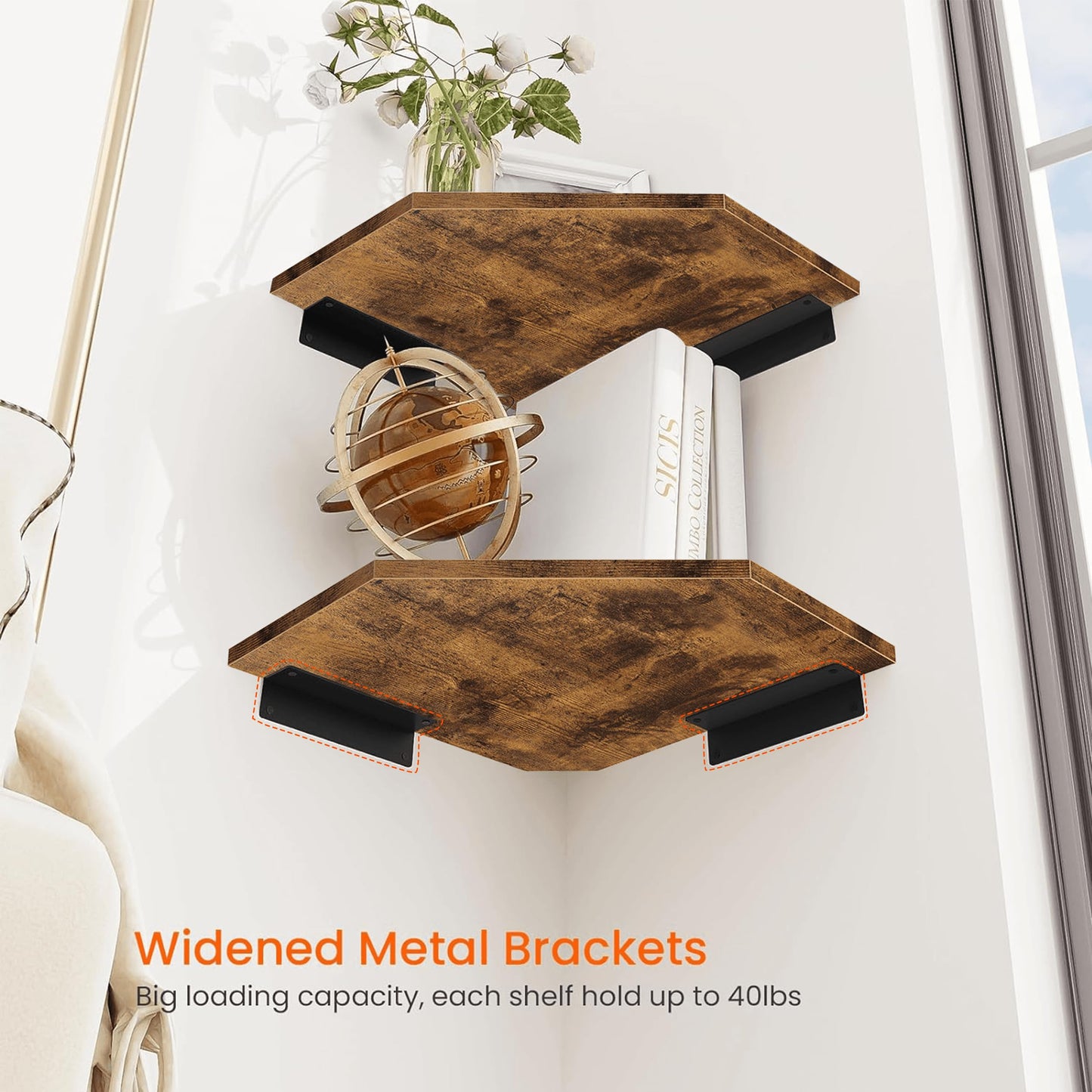 Homode Corner Shelf Wall Mount, Set of 4 Floating Corner Shelves with Cord Hole for Cable Box, Wood Corner Hanging Shelves for Bathroom Bedroom Kitchen, Rustic Brown