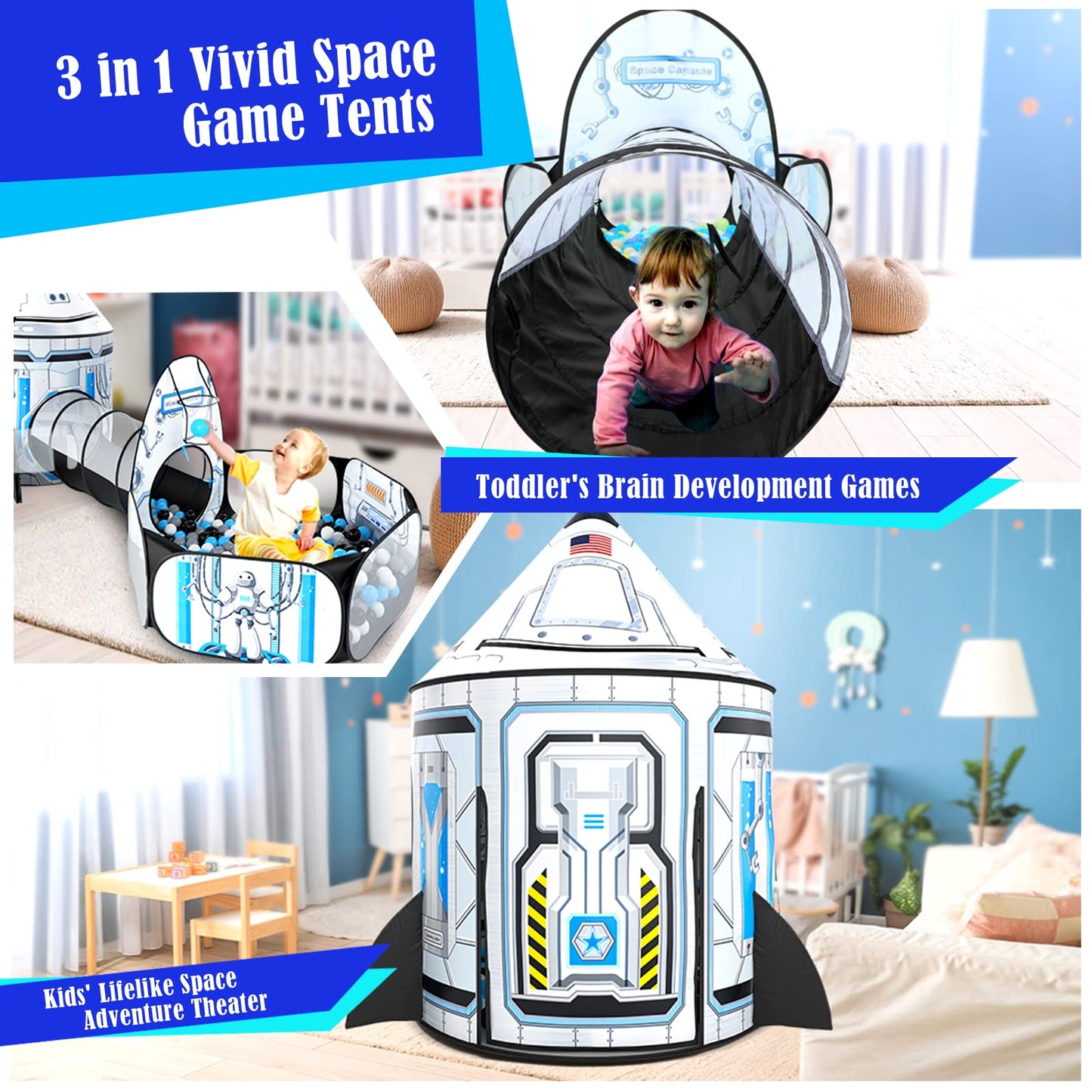 Kids Ball Pit for Play Tent: 3PC Rocket Ship Baby Gifts, Spaceship Tents and Crawl Tunnel for Toddlers, Astronaut Pop Up Playhouse Toys for Indoor Outdoor Games (White)