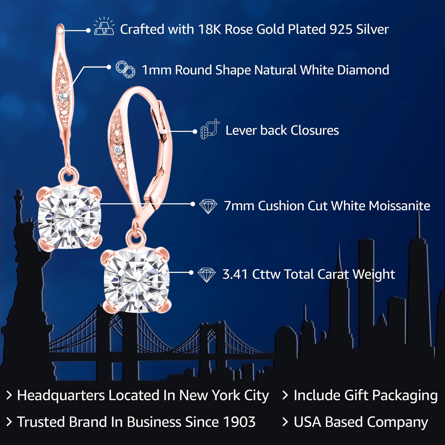 Gem Stone King Drop Dangle Earrings For Women | 7MM Cushion Cut Gemstone Birthstone and Diamond | 925 Sterling Silver | Jewelry Gift for Mom Wife Her | White Moissanite-April | Rose Gold