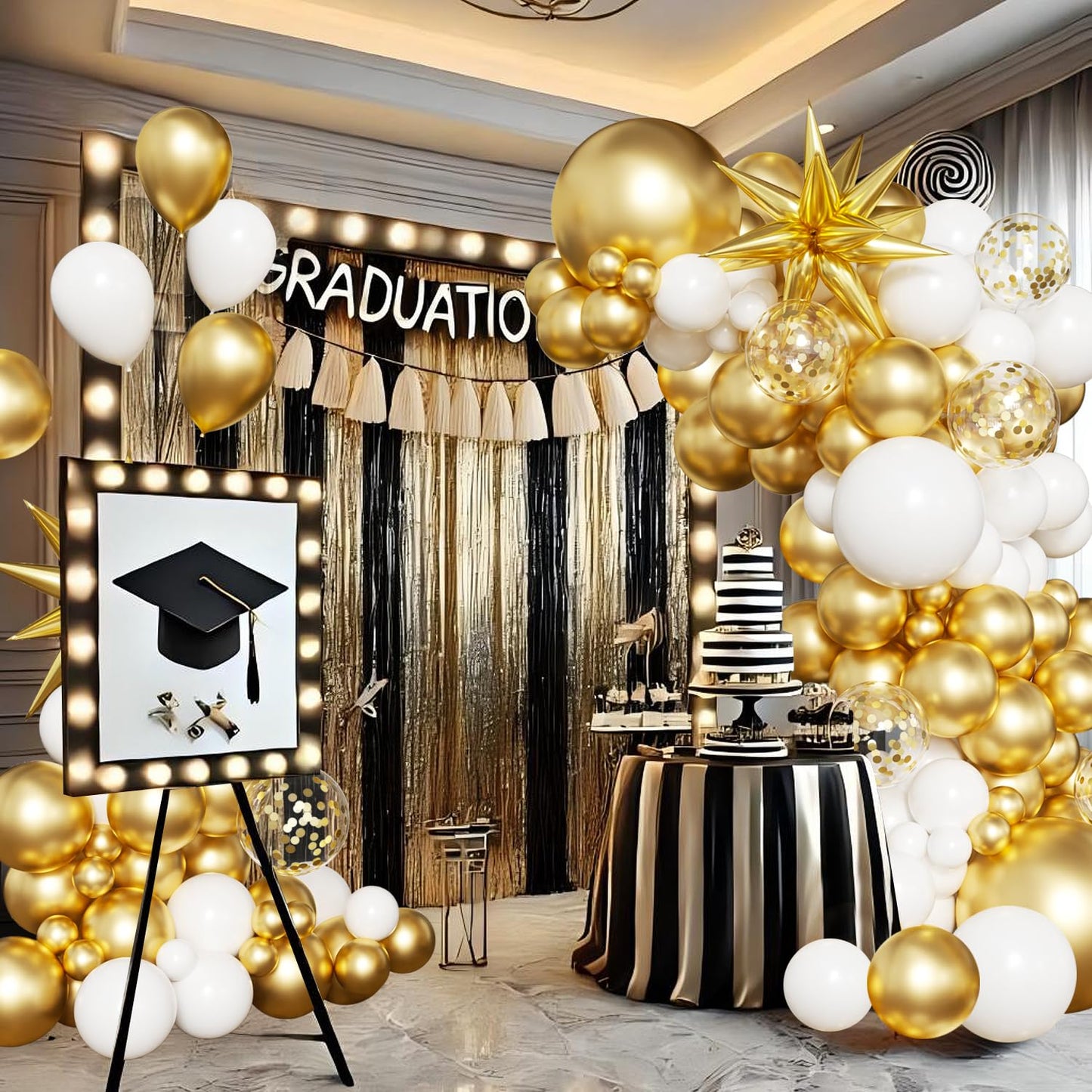 White and Gold Balloon Arch Kit, 130Pcs White and Gold Graduation Decorations with Gold Foil Star Confetti Balloons for College High School Graduation Decorations Class of 2026