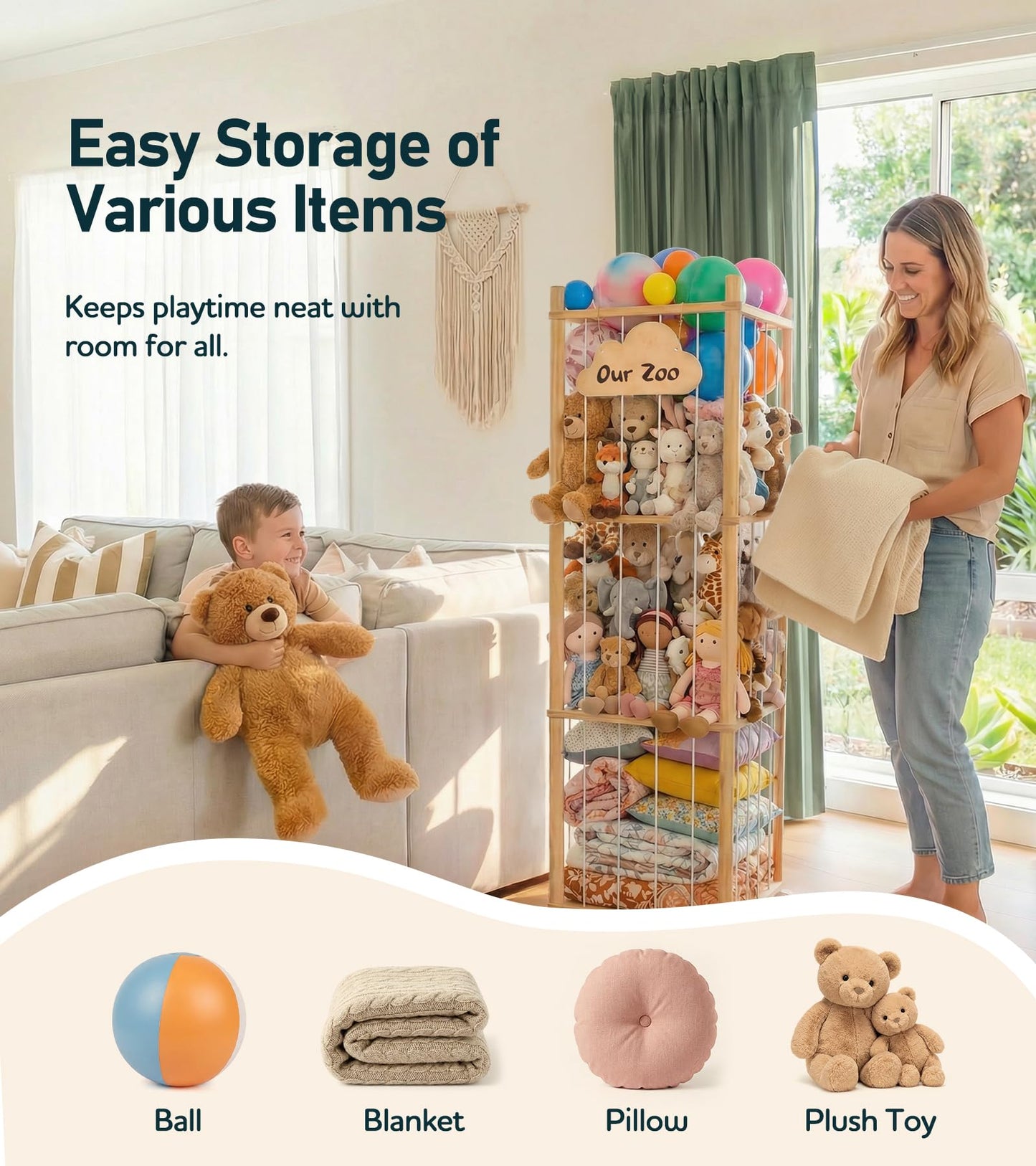 Little Dove Stuffed Animal Storage, Wooden Stuffed Animal Zoo with Brake Wheels, Large Capacity Stuffy Plushies Storage, Space Save Toy Organizer for Nursery Playroom Kidroom Bedroom, 54 Inch