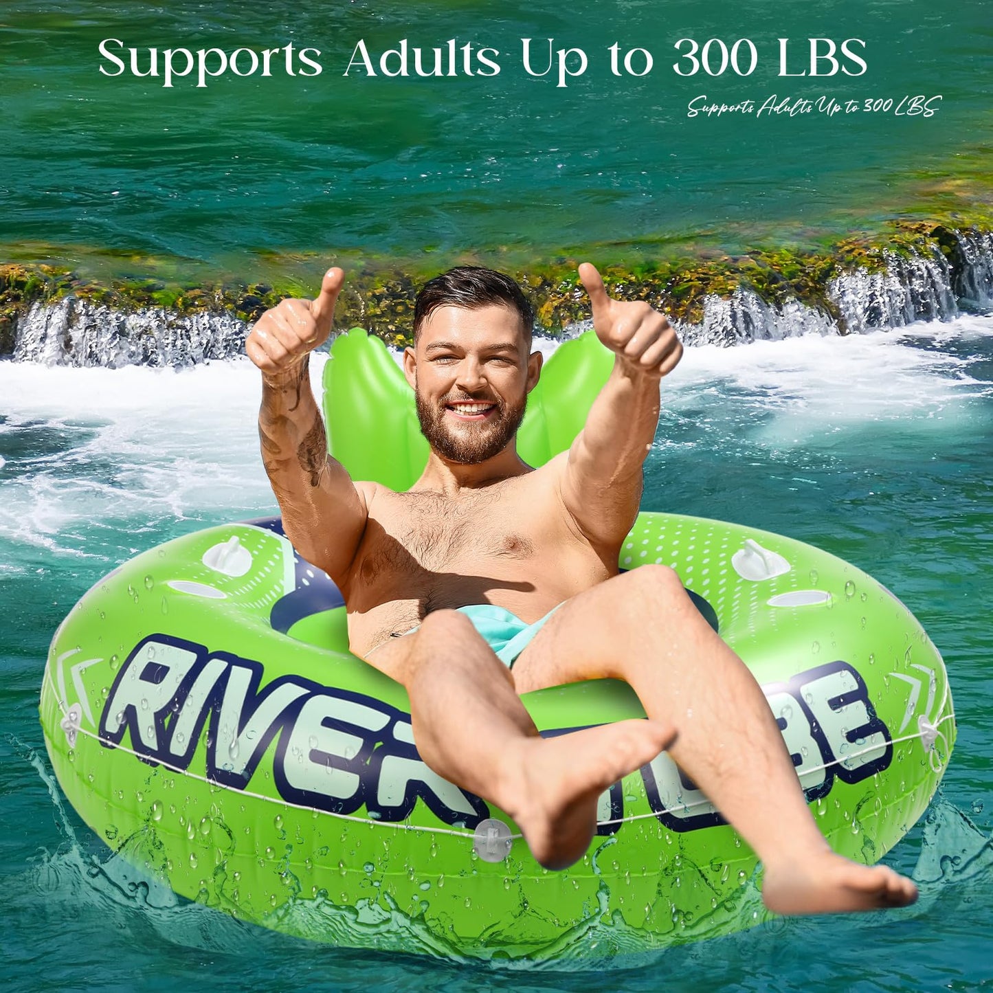 Glimin 6 Pcs Green Blue 53" Heavy Duty River Tube Float Inflatable Pool Floating Tube for Adult Large River Raft Water Chair Lounger with Mesh Bottom Backrest 2 Cup Holders and Handles, Holds 300lb