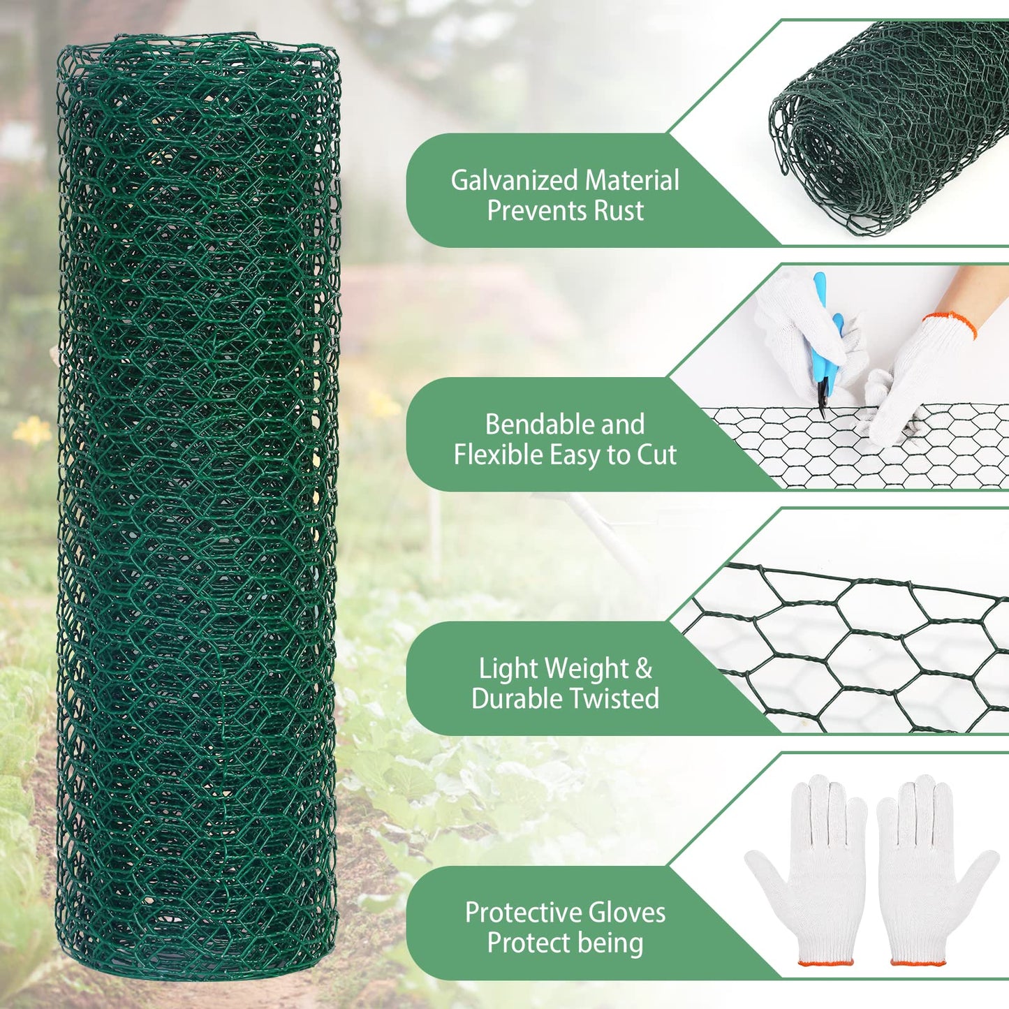 Chicken Wire for Floral Arrangements,13.78 x 118 Inch Lightweight Galvanised Hexagonal floral Chicken Wire Green Florist Wire for Garden Poultry Netting for Garden Protection with Wire Ties and Pliers