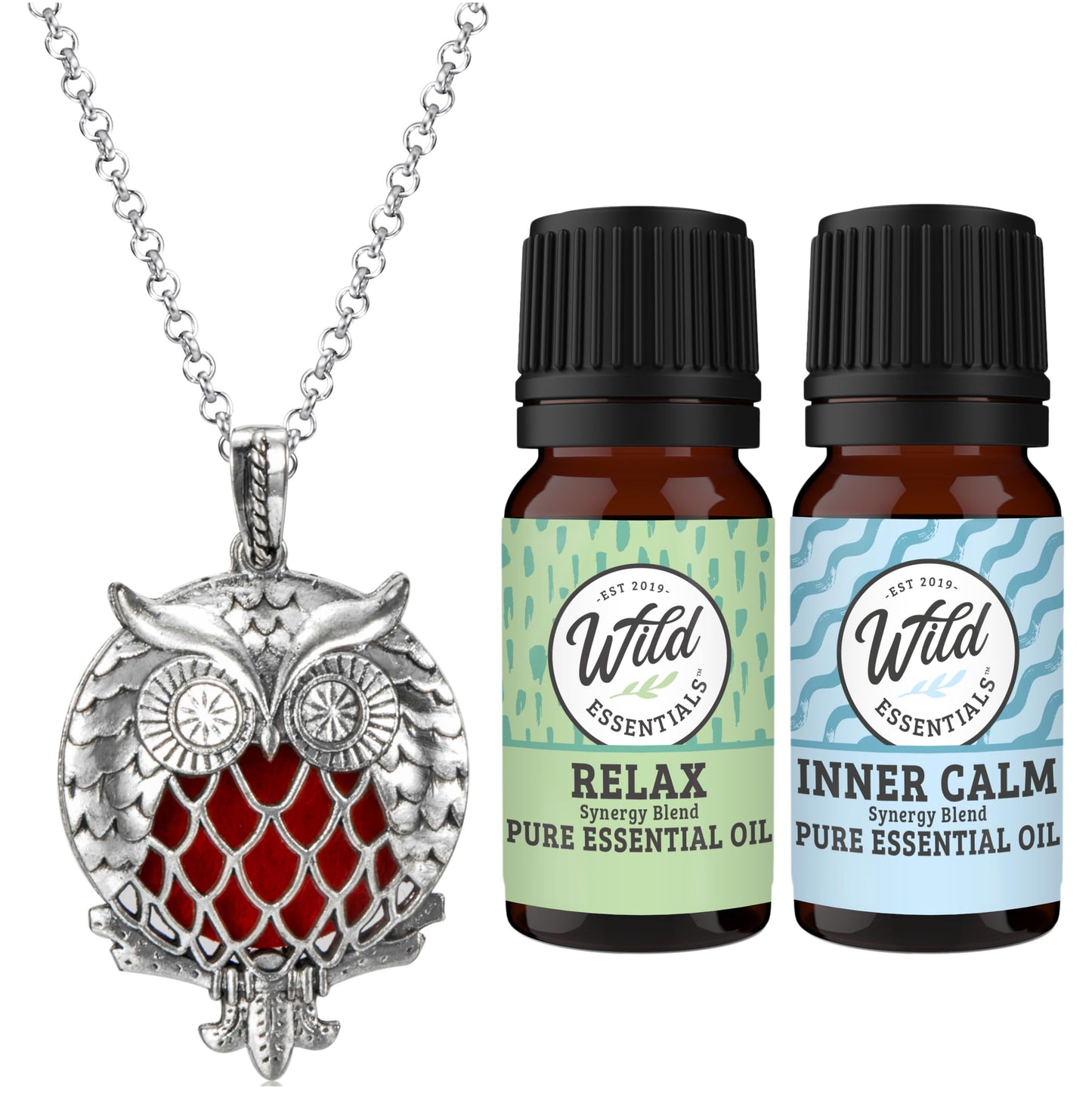 Wild Essentials Owl of Athena Essential Oil Diffuser Necklace Gift Set with Inner Calm & Relax Oils – Nickel Free Alloy Pendant with 8 Color Pads – USA Made Oils & Perfume Necklace – Family Company