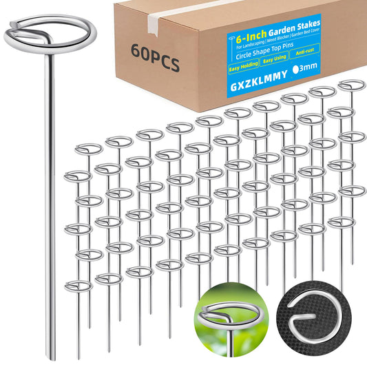 60Pcs Thick 11 Gauge 0.12 in Circle Top Landscape Fabric Pins Hard Holding,6 Inch Galvanized Landscape Fabric Stakes, for Tent, Weed Barrier Fabric, Plant Cover,Landscape Pins Stronger Not Easy Bend