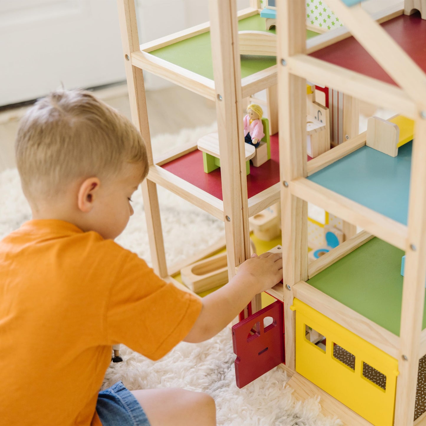 Melissa & Doug Hi-Rise Wooden Dollhouse with 15 pcs Furniture - Garage and Working Elevator