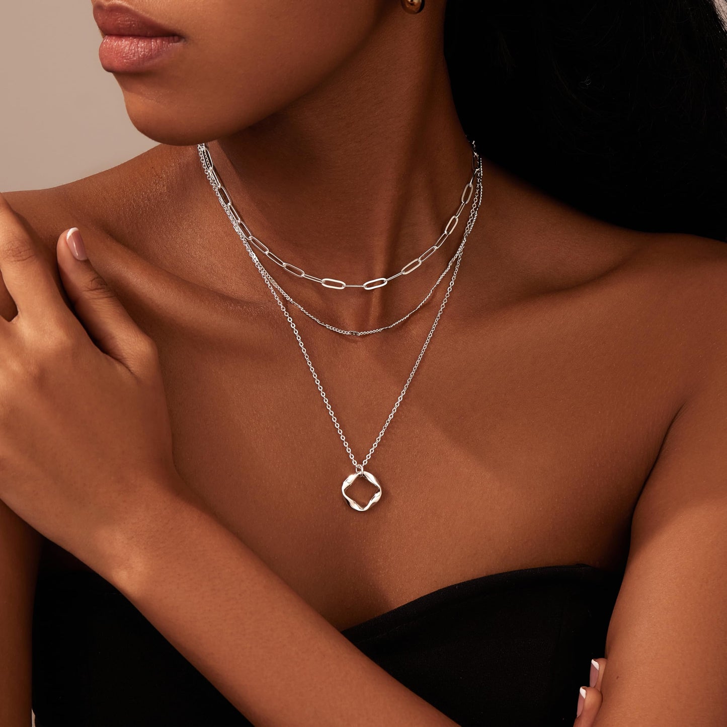 Layered Silver Necklaces for Women, Sterling Silver Plated Dainty Stackable Paperclip Choker Necklaces for Women, Trendy Layering Geometric Pendant Thin Chain Necklace Jewelry Set Gifts