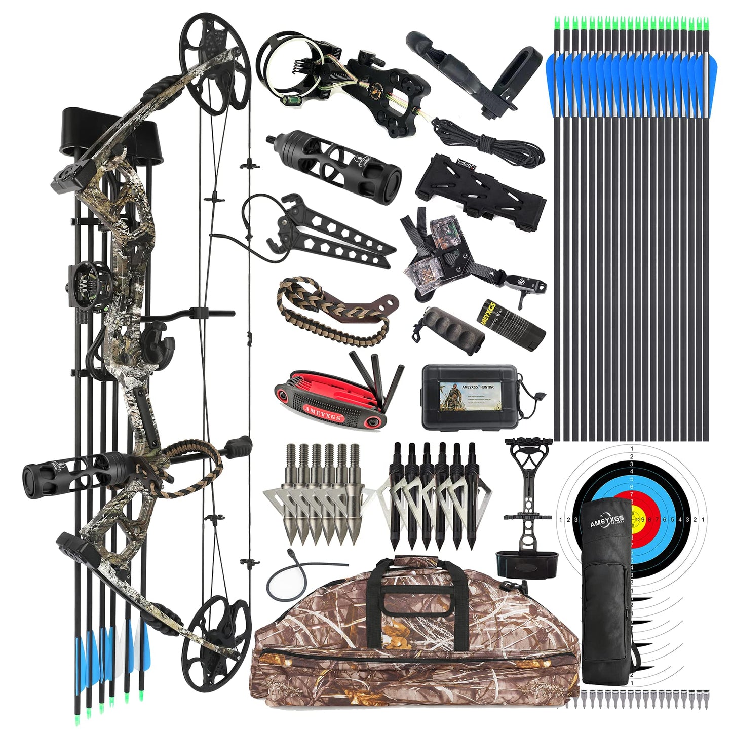 surwolf Compound Bow Kit, Hunting & Targeting, Limb Made in USA, Draw Weight 0-70 lbs Adjustable, Draw Length 9”-31",up to IBO 325FPS Speed, Package with Archery Hunting Accessories (Camo)