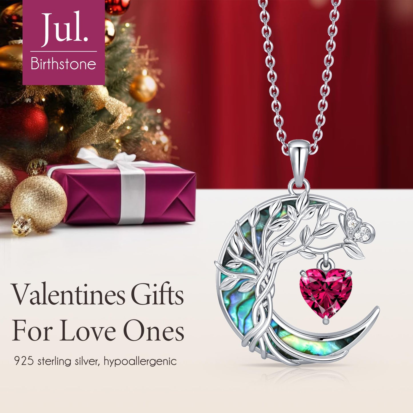 Distance Tree of Life Birthstone Necklace for Women, S925 Sterling Silver Premium Abalone Shell Moon Pendant July Heart Birthstone Necklace, Ruby Jewelry Christmas Birthday Gifts for Her Mom Wife