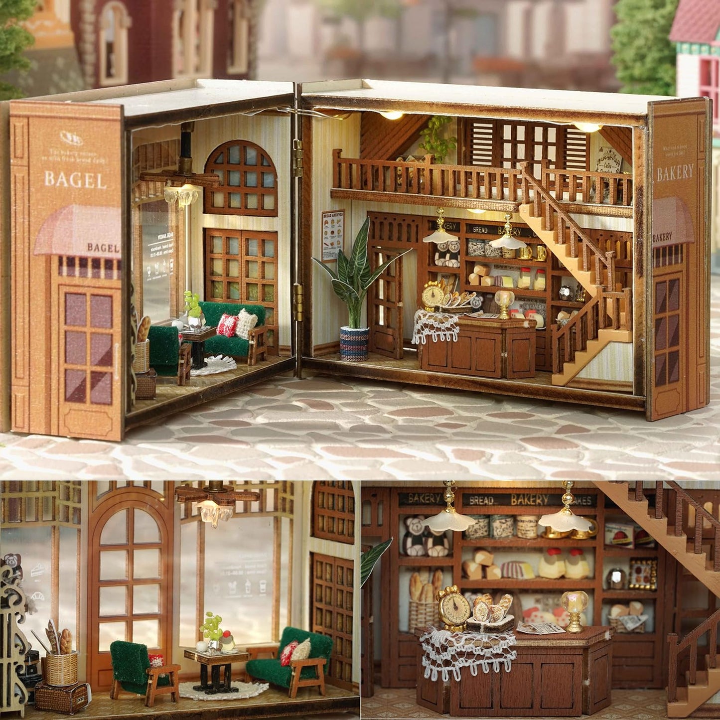 TuKIIE DIY Miniature Dollhouse Kit with Furniture, 1:32 Scale Opened & Closed Mini Cube Wooden Doll House Book Nook Creative Room for Kids Teens Adults(Bagel Time)