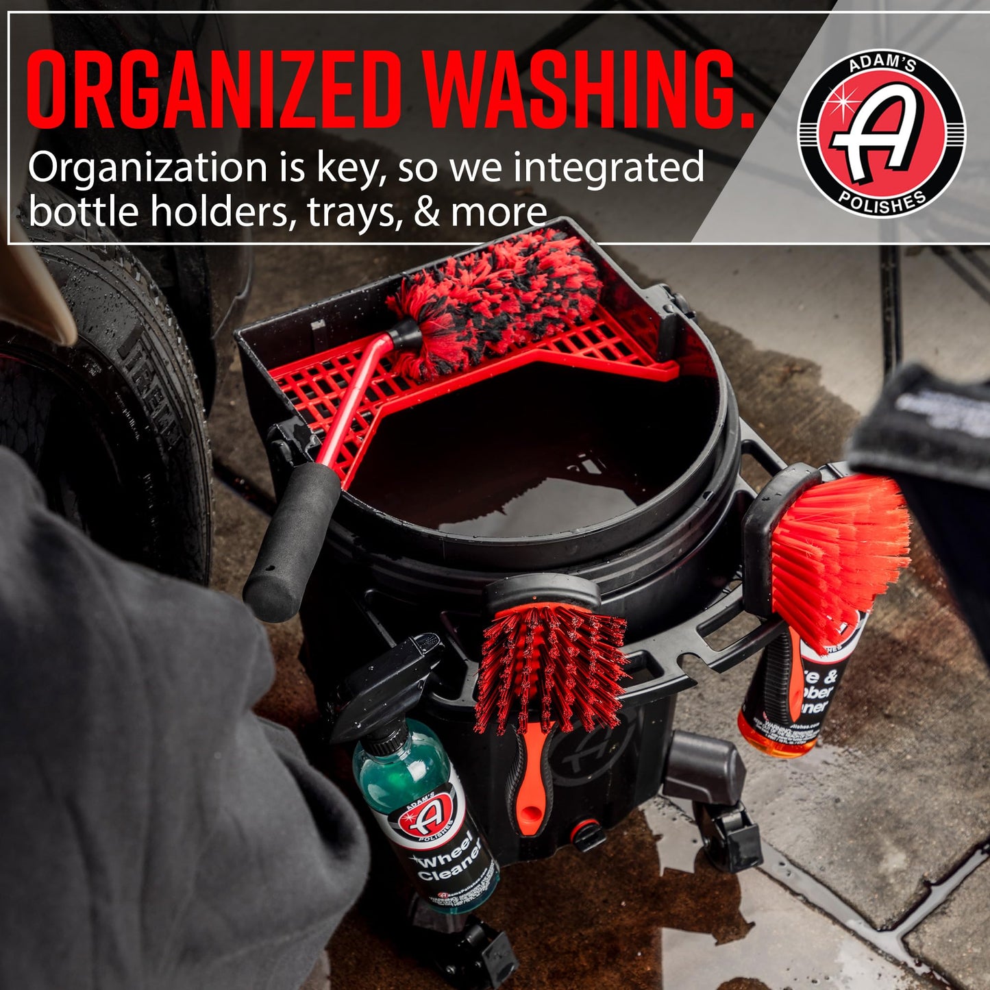 Adam's Complete Premium Detailing Bucket - Car Wash Bucket with Grit Guard, Seat Pad, Organization Rack, Drain Plug, 2 Locking Wheels | Innovative Detail 5 Gallon Bucket Kit System