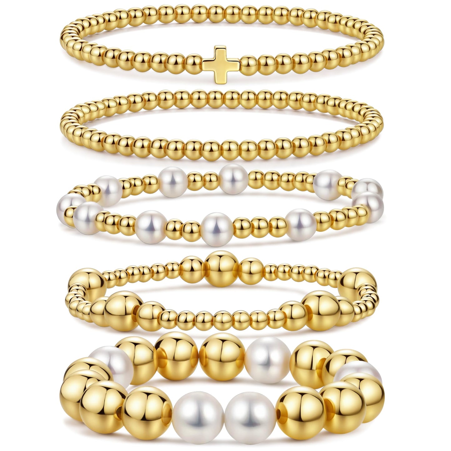 Qiuseadu Chunky Gold Beaded Stack Bracelets Beads Ball Cross Colorful Statement Bracelets Set for Women (Classic Gold Cross)