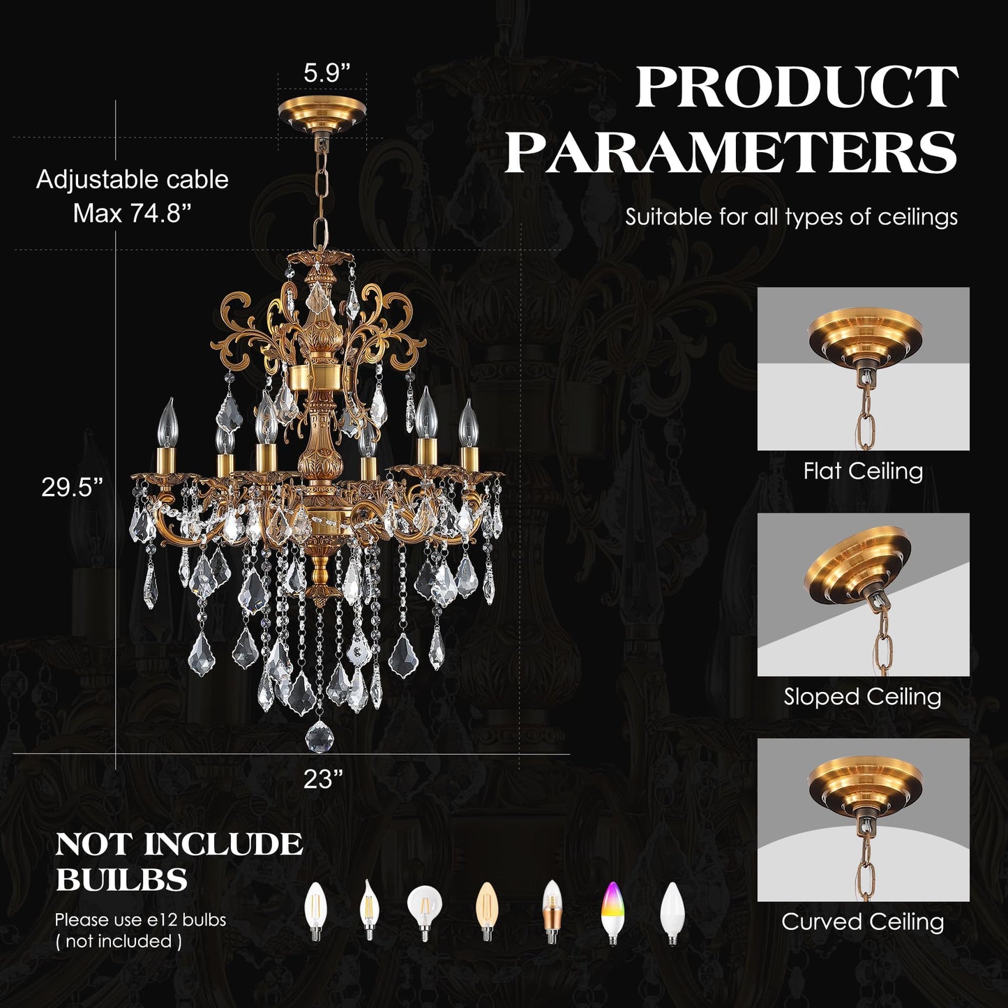 MEELIGHTING Luxury Antique Bronze Crystal Chandeliers with Candle Pendant Ceiling Light Fixture - 6 Lights Gold Crystal Chandelier for Dining Room, Living Room, Kitchen, Bedroom - D23 inch