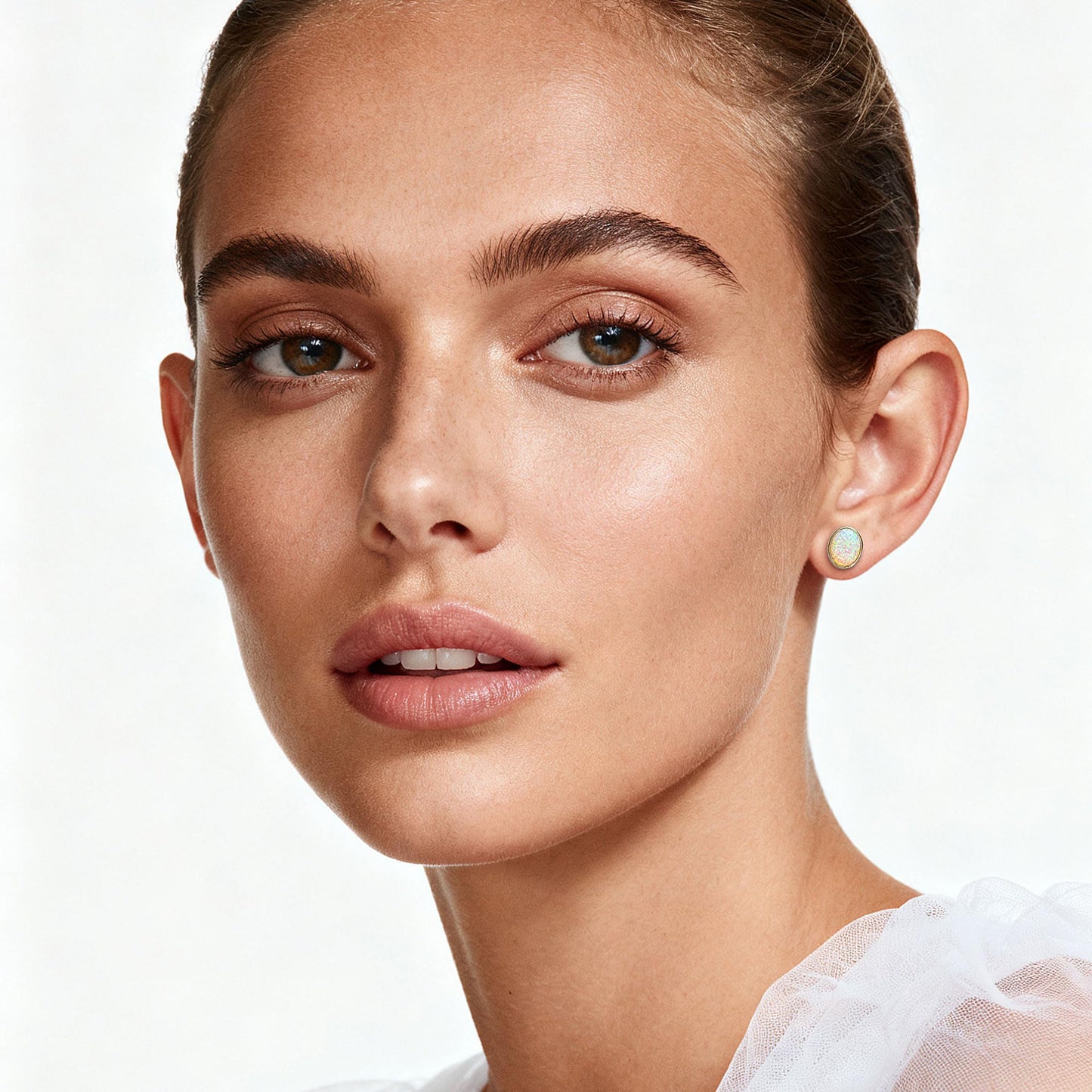 JiayangJY White Fire Opal Stud Earrings for Women 18K White Gold Plated Sterling Silver Oval Shape 6mm Opal Earrings with Push Back