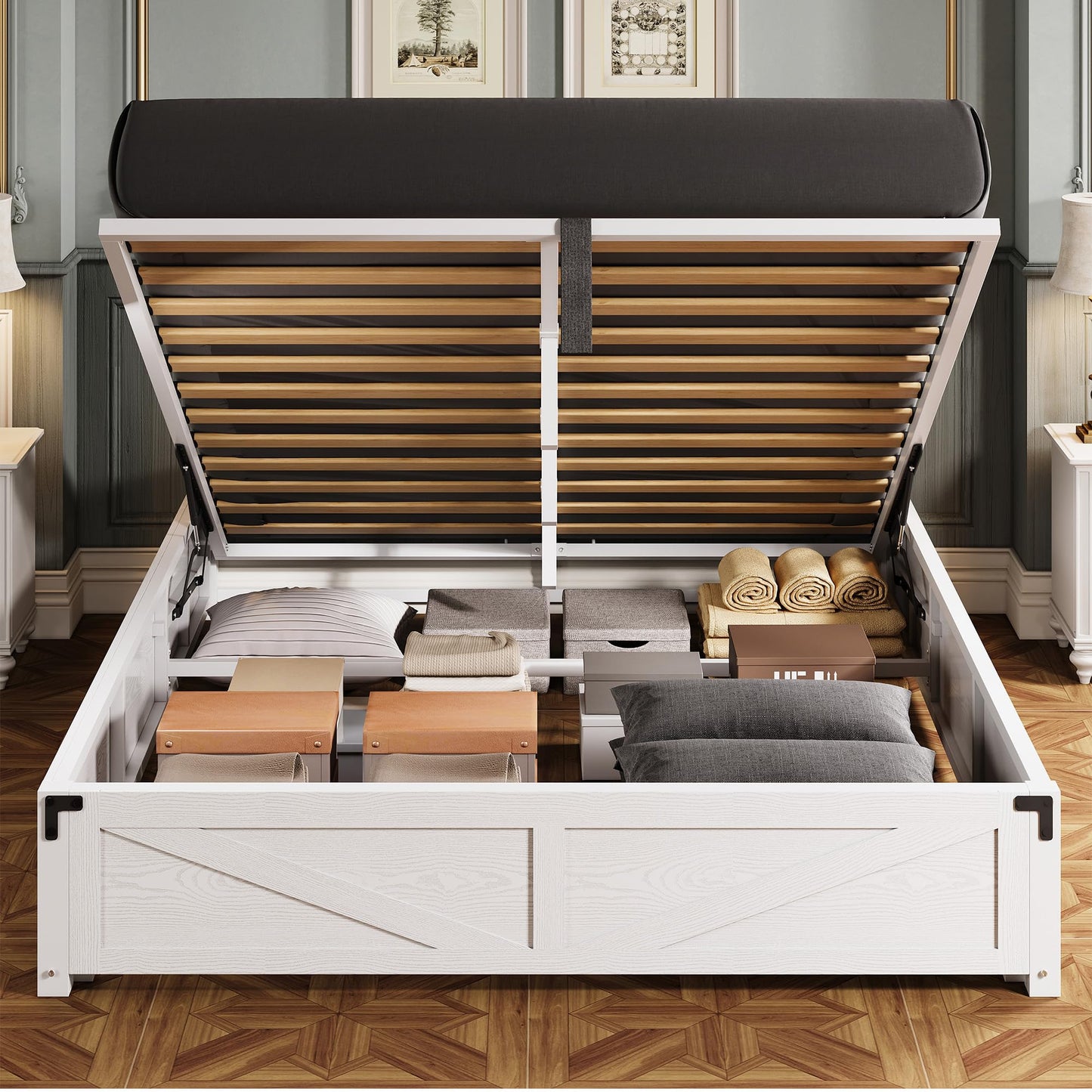 LIKIMIO Platform Queen Size Bed Frame, Farmhouse Bed Frames with Lift Up Storage, Wooden Slats, Sturdy and No Noise, Easy Assembly, White