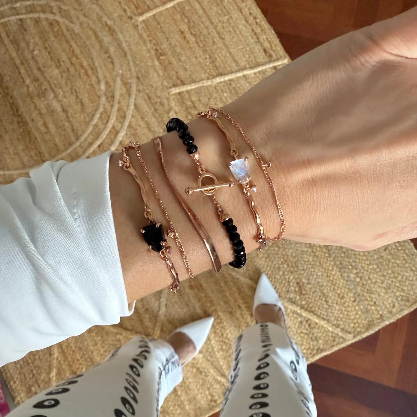 Moon Magic Moonstone Bracelet for Women | Black Obsidian, Rose Quartz Bracelet/Real 925 Sterling Silver | 18k Rose & Yellow Gold Rainbow Genuine Moonstone Jewelry for women | June Birthstone Bracelet