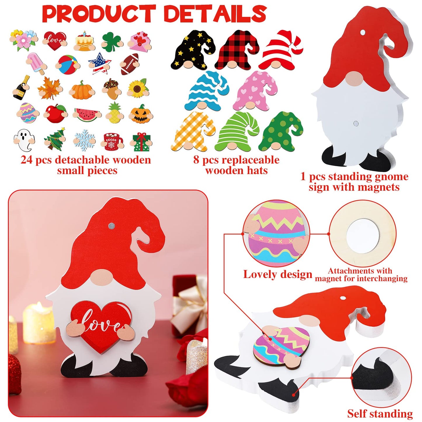 Qunclay 33 Pcs Interchangeable Wooden Gnome Decor Summer 4th of July Patriotic Gnome Decor with Magnet and Detachable Hats Holiday Table Centerpieces for Home(Classic)