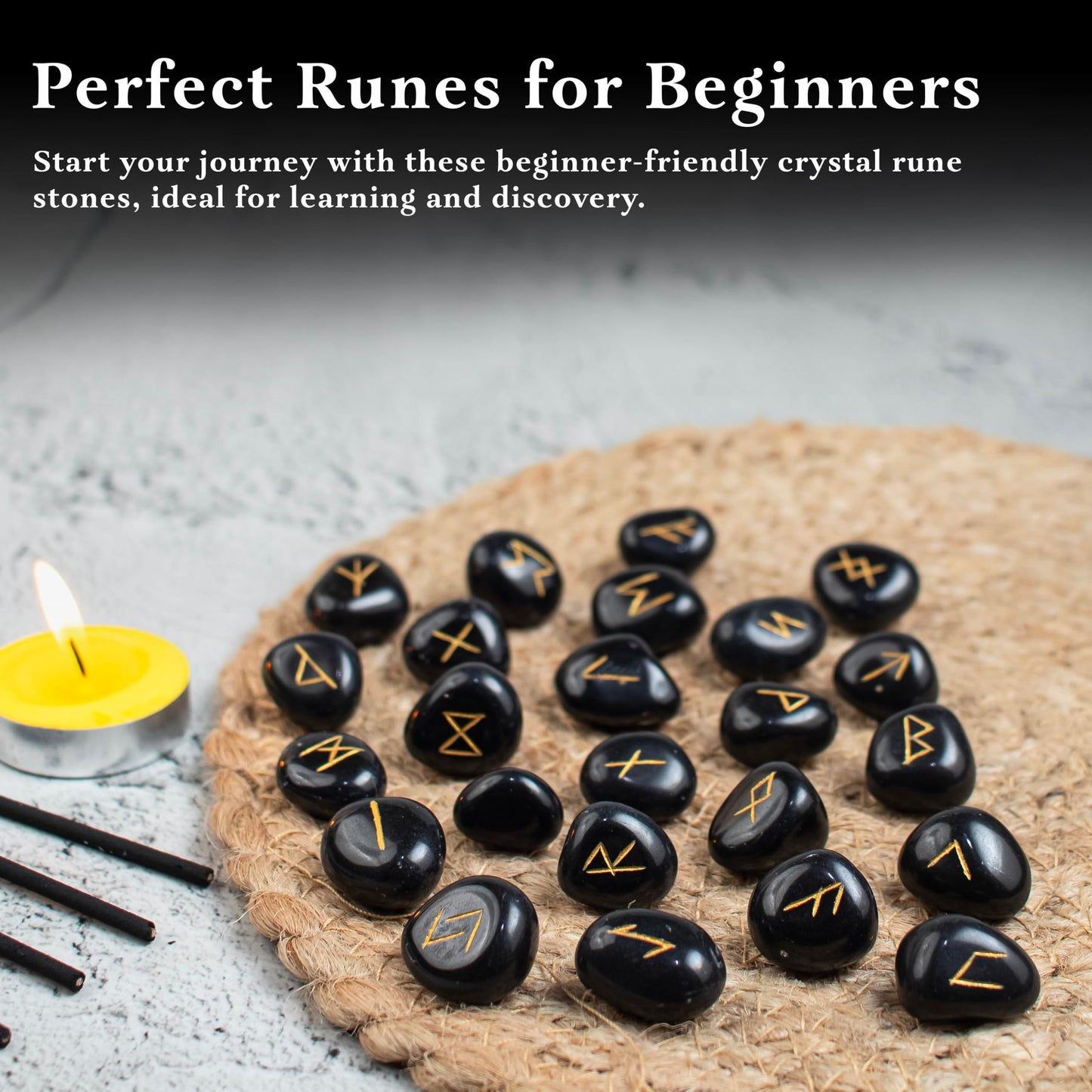Crocon Black Tourmaline Gemstone Elder Futhark Alphabet Engraved Symbol Rune Stone 25 pcs Set for Feng Shui Chakra Balancing Reiki Healing Spiritual Metaphysical Size: 2025 mm