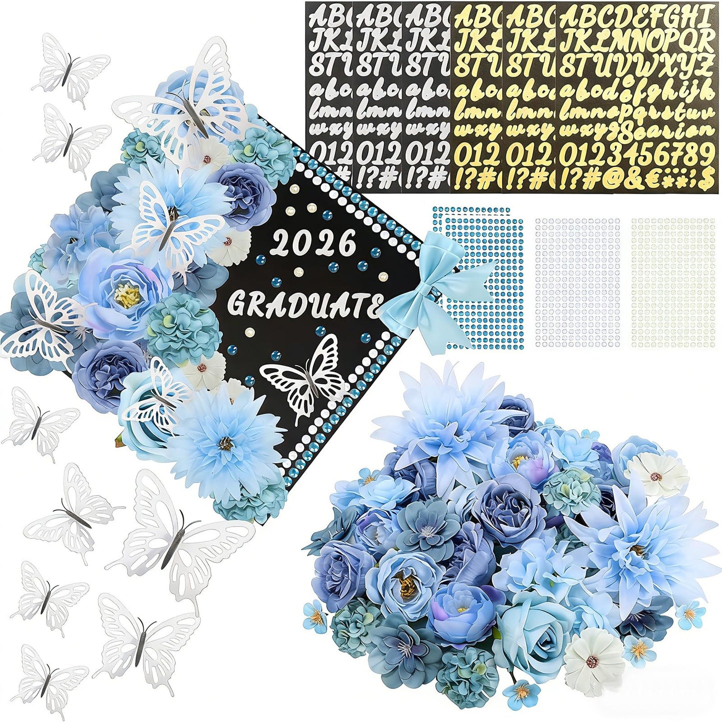 69 Pcs Graduation Cap Decorations Kits, Grad Cap Topper Decorations Included Faux Flowers 3D Butterfly Bow Rhinestones Alphabet Letter Stickers for Graduation Cap Topper DIY Craft Art Decor (Blue)