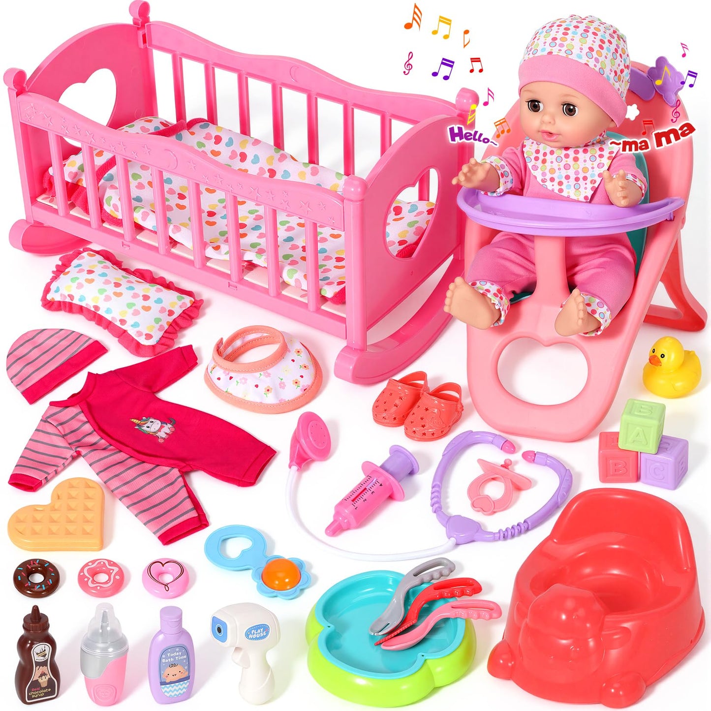 DRAMATION 12'' Interactive Baby Doll Set with Crib and High Chair, 32 PCS Baby Doll Toys Speaking 12 Sounds with Baby Doll Accessories, Doll Playset for Toddler Girl Toys Gifts 3 4 5 Years Old