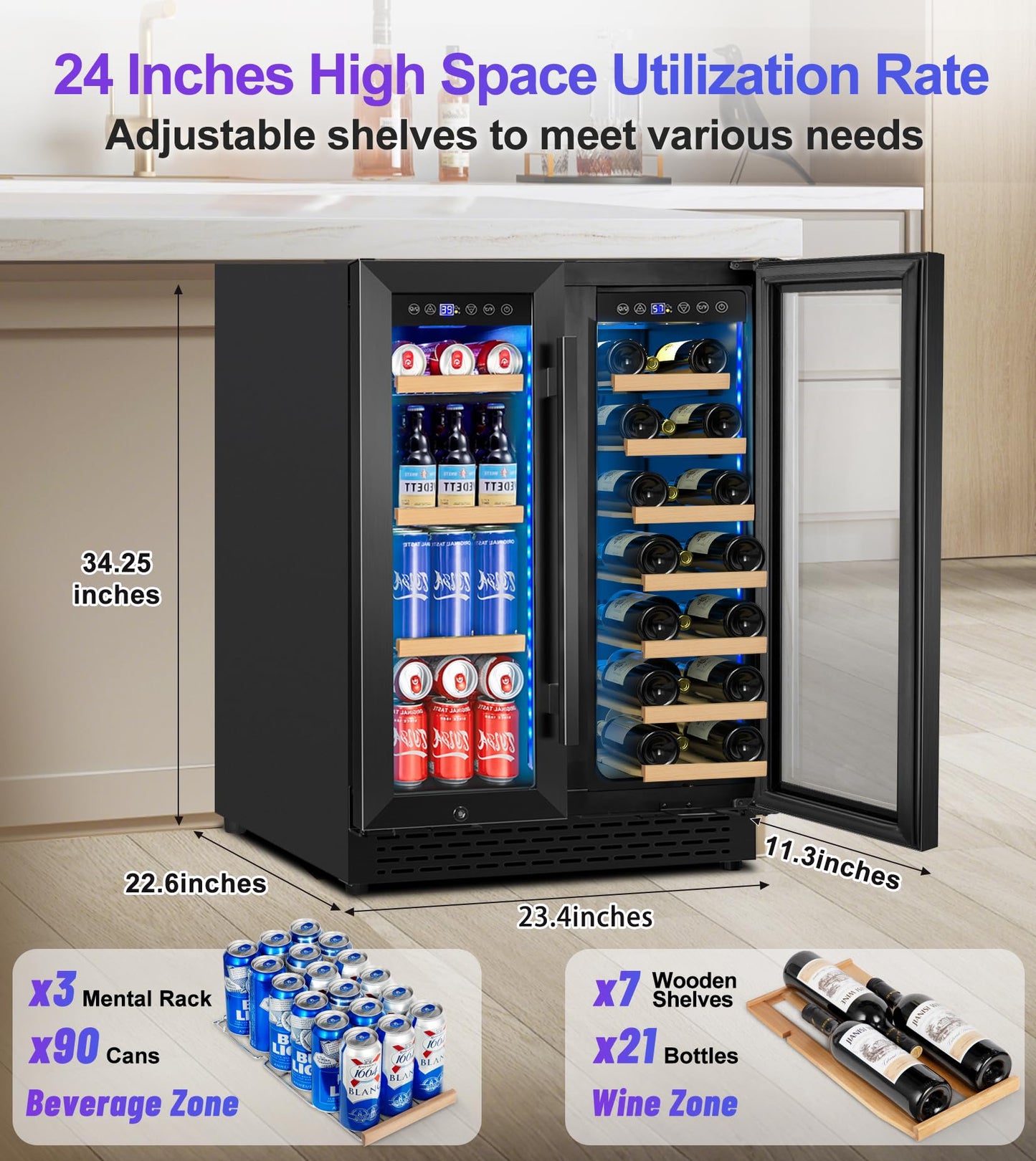 RLPI 24'' Wine and Beverage Refrigerator, 4.2 Cu. Ft. Dual Zone Wine Fridge with RGB Lights French Door Intelligent Control Advanced Compressor Under Counter Cooler for Outdoor Kitchen Bar Gift Black