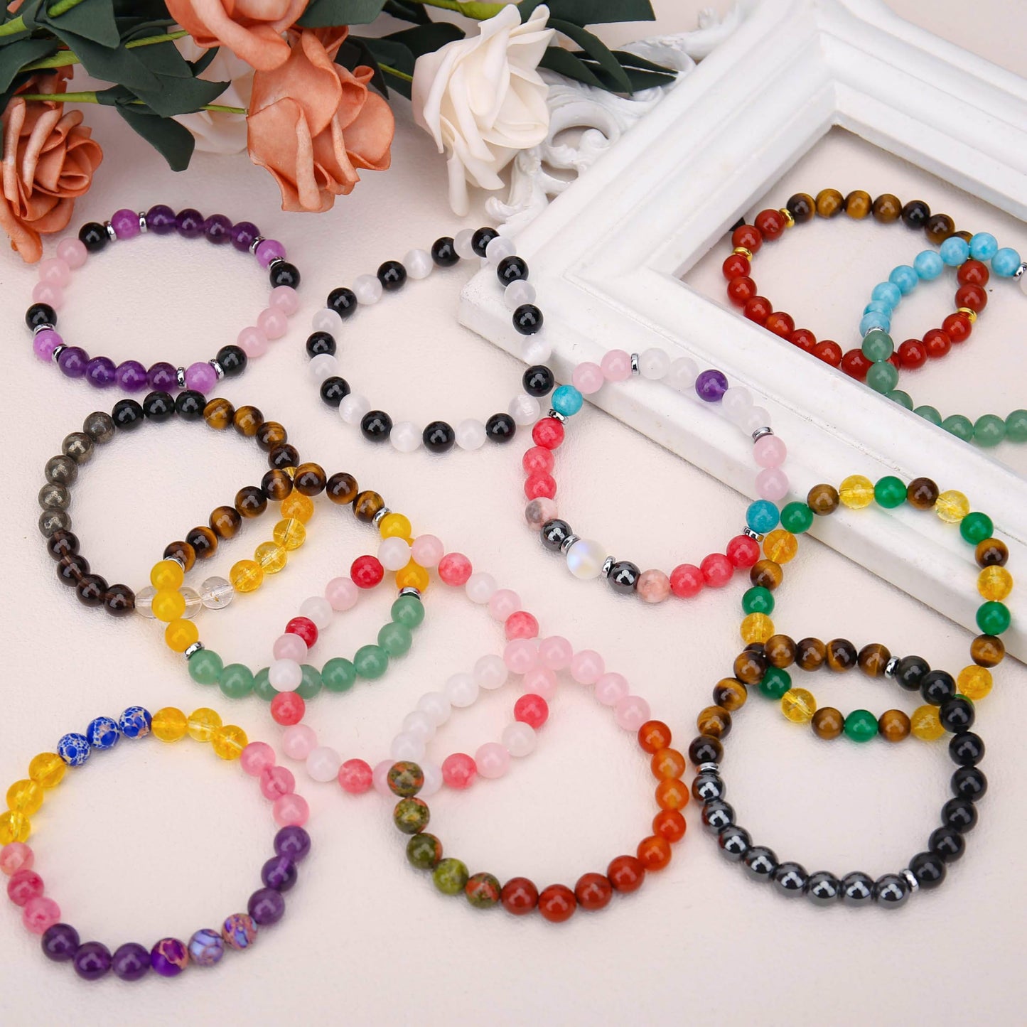 BONNY BOXX Mixed 8mm Natural Stone Bracelet for Purification, Handmade Stretch Selenite Black Tourmaline Bracelet Adjustable Crystal Healing Jewelry for Unisex Spiritual Gift