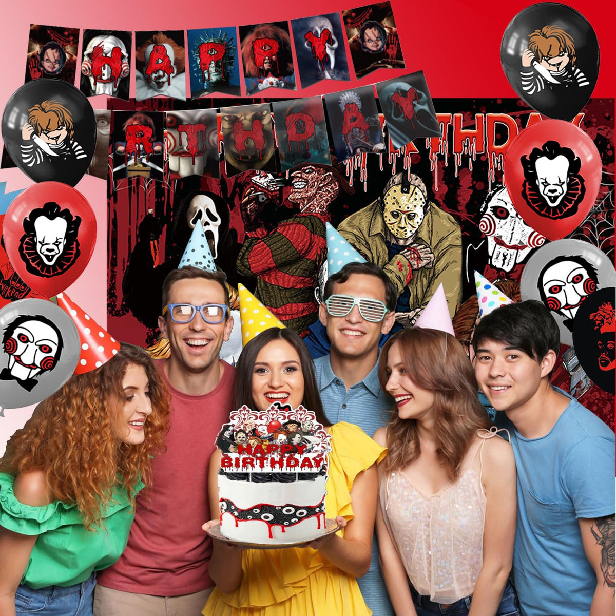 Taeku Horror Birthday Party Decorations – 50 Pcs Halloween Theme Kit with Banner, Balloons, Cake Toppers, Backdrop & Tablecloth – Scary Party Supplies for Kids & Adults