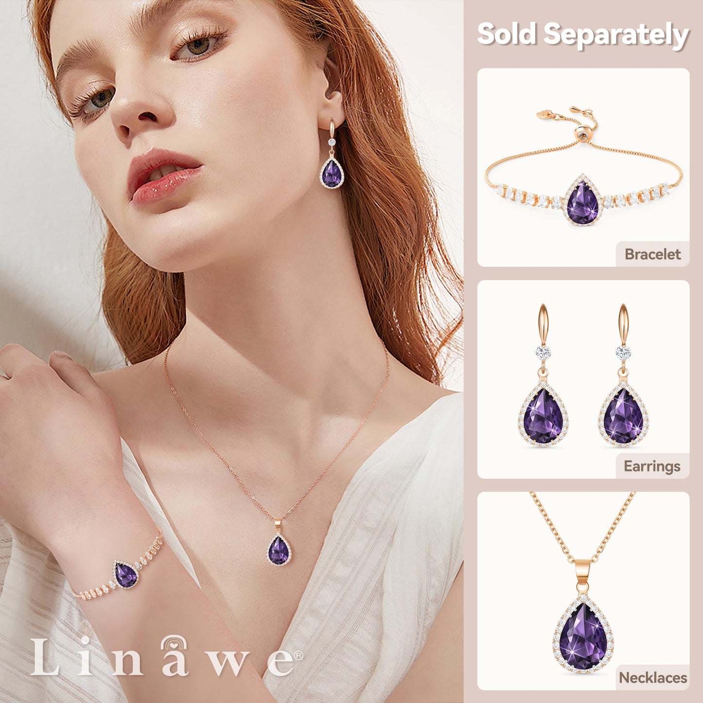Linawe Lab Created Amethyst Crystal Chain Necklace for Women Trendy Rose Imitation Gold Plated, Purple Imitation Diamond Cubic Zirconia Rhinestone Birthstone Pendant Necklace