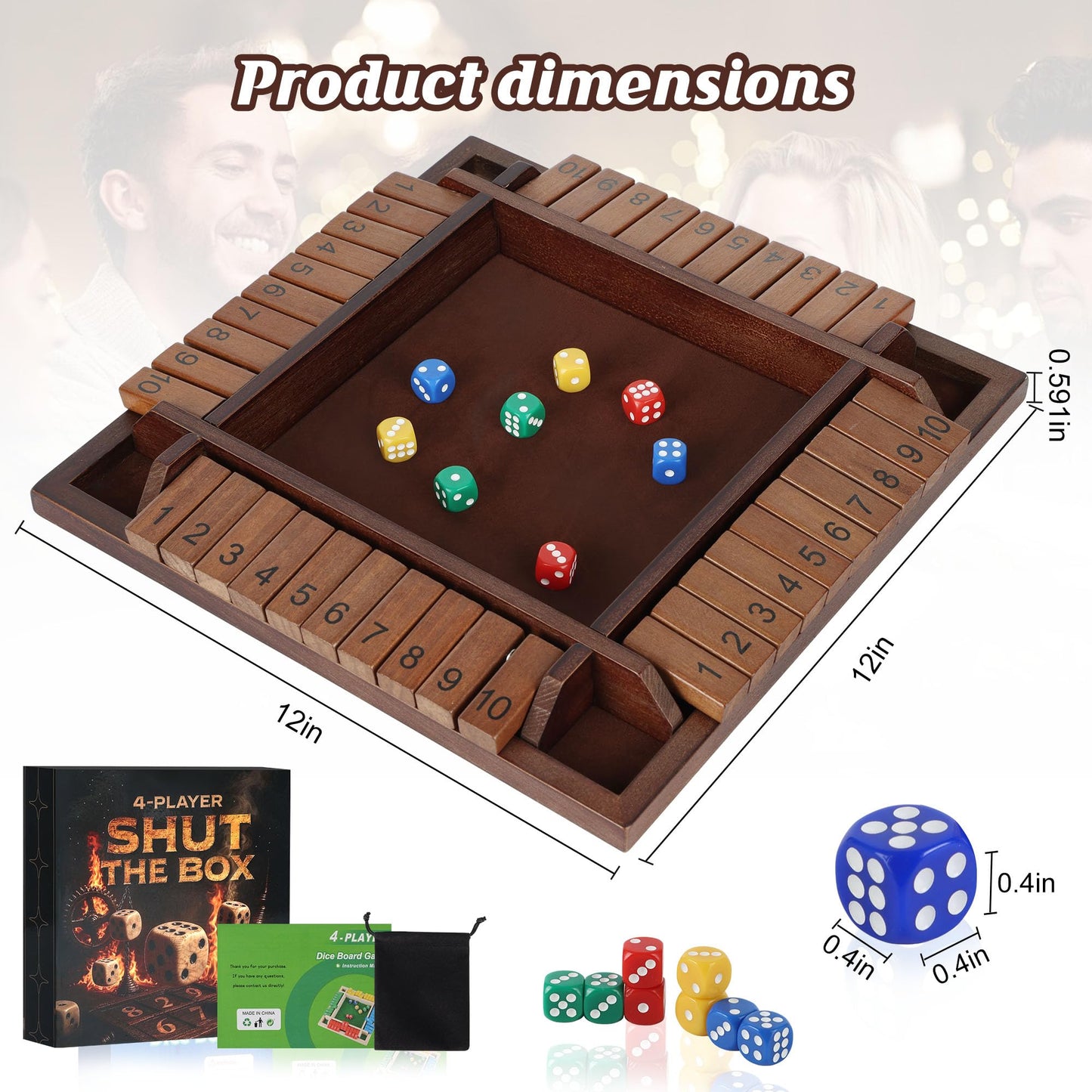 Uowivi Shut The Box Game, Math Dice Board Game for Family Night Classroom Travel, Wooden Table for 2-4 Players, Improves Mathematical Skills, for Classroom, Home (Quadrilateral-Upgraded 12", Brown)