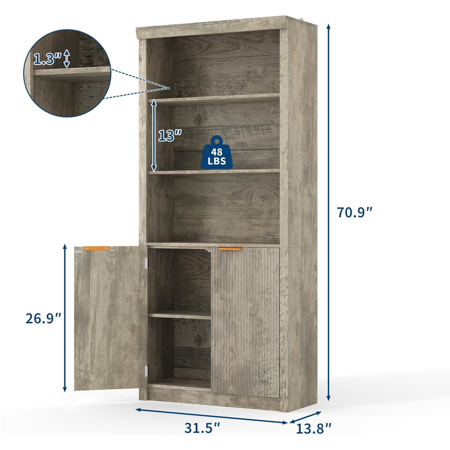 Garvee 71" Tall Bookshelf with Fluted Doors, 5 Tier Bookcase Display Shelves with Storage Cabinet & Adjustable Shelf, Mid-Century Modern Bookshelves for Home Office, Living Room, Oak