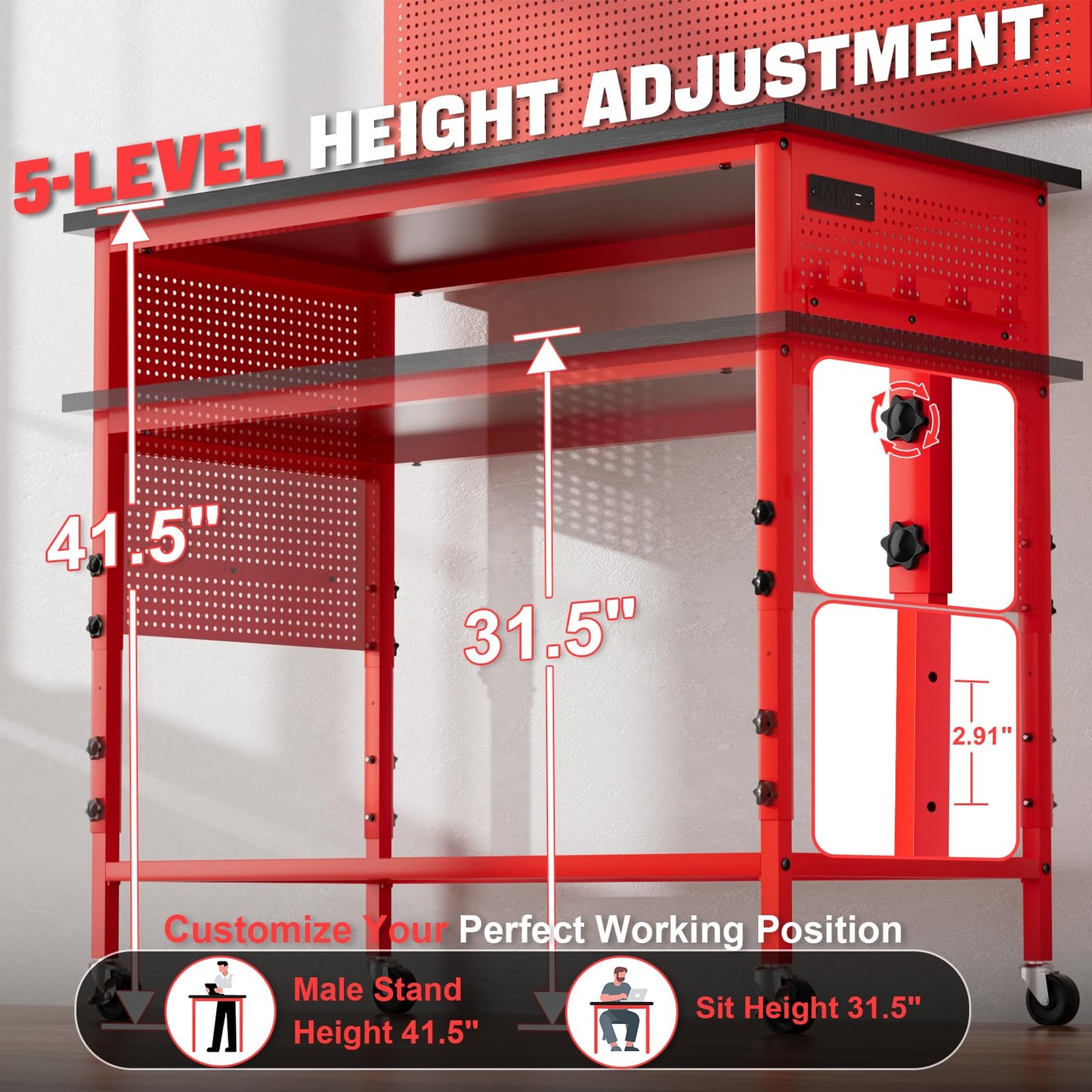 Ferreteriai 47" Heavy Duty Workbench with Power Outlet & USB-C, Exclusive Red Side Battery Holder, Adjustable Height, 2100LB Capacity, Locking Wheels, Pegboard for Garage, Workshop, and Home Use