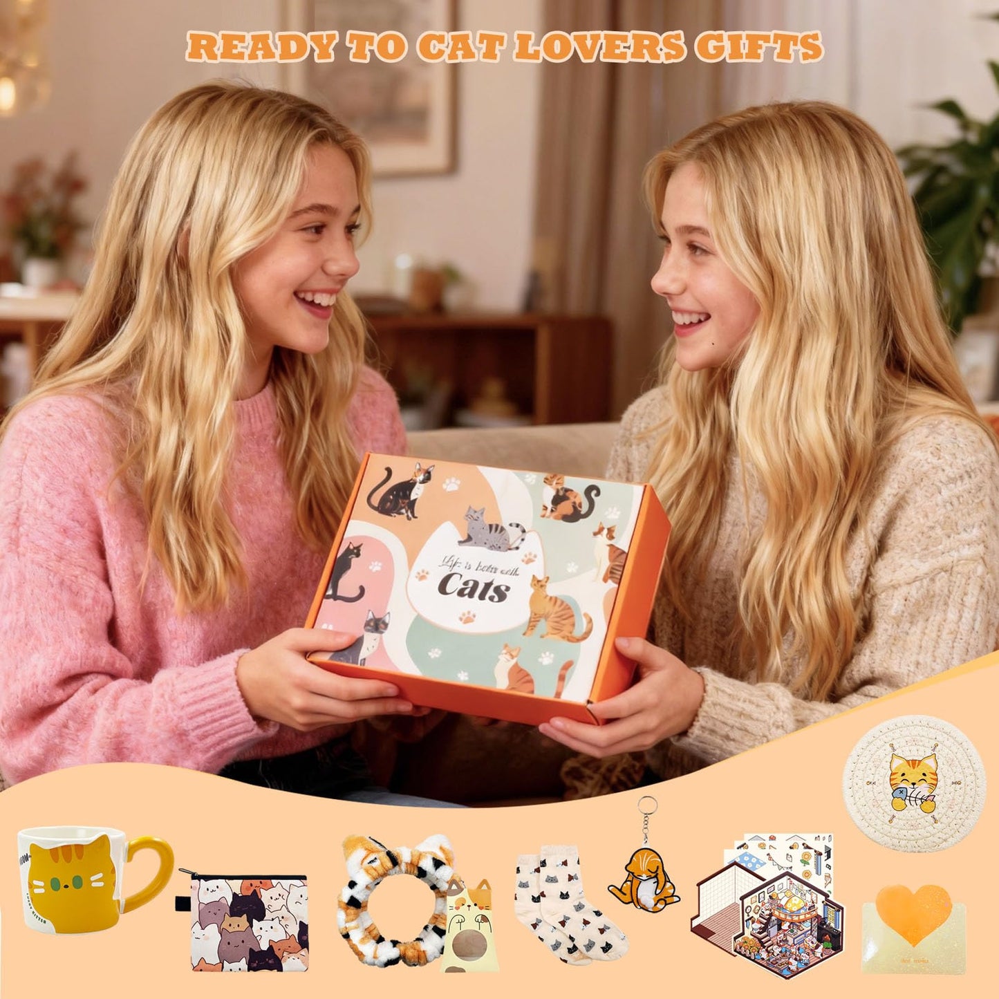 SNAIL GARDEN 10PCS Cat Gifts for Cat Lovers, Cat Gifts for Women with Ceramic Mug, Coaster, Coin Purse, Headband, Keychain, Socks, 3D Miniature Sticker, Cat Mini Box, Greeting Card & Gift Box