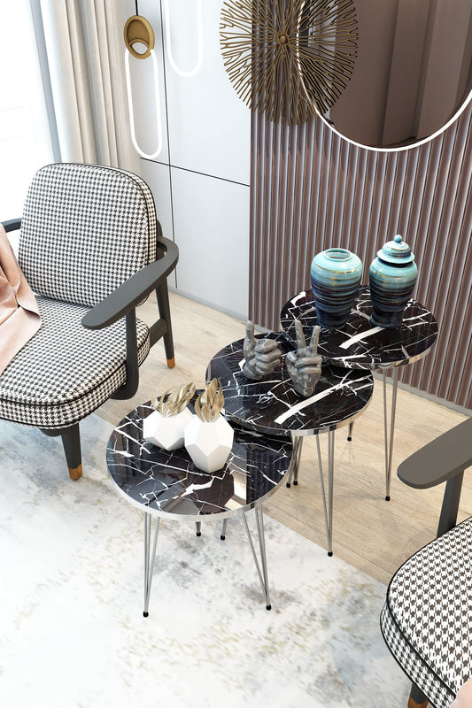 PAK HOME Set of 3 Nesting End Tables Round Wood Stacking Coffee Side Accent Sofa Table with Metal Legs for Living Room, Home Office, Nightstands for Bedroom (Black Marble/Silver Legs)