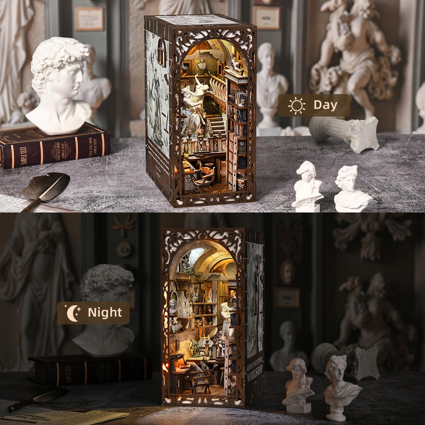 CCCDF DIY Book Nook Library Kit, Miniature Dollhouse Booknook Kit, 3D Wooden Puzzle Bookend Bookshelf with LED Light for Teens and Adults (Bernini's Sculpture Workshop)
