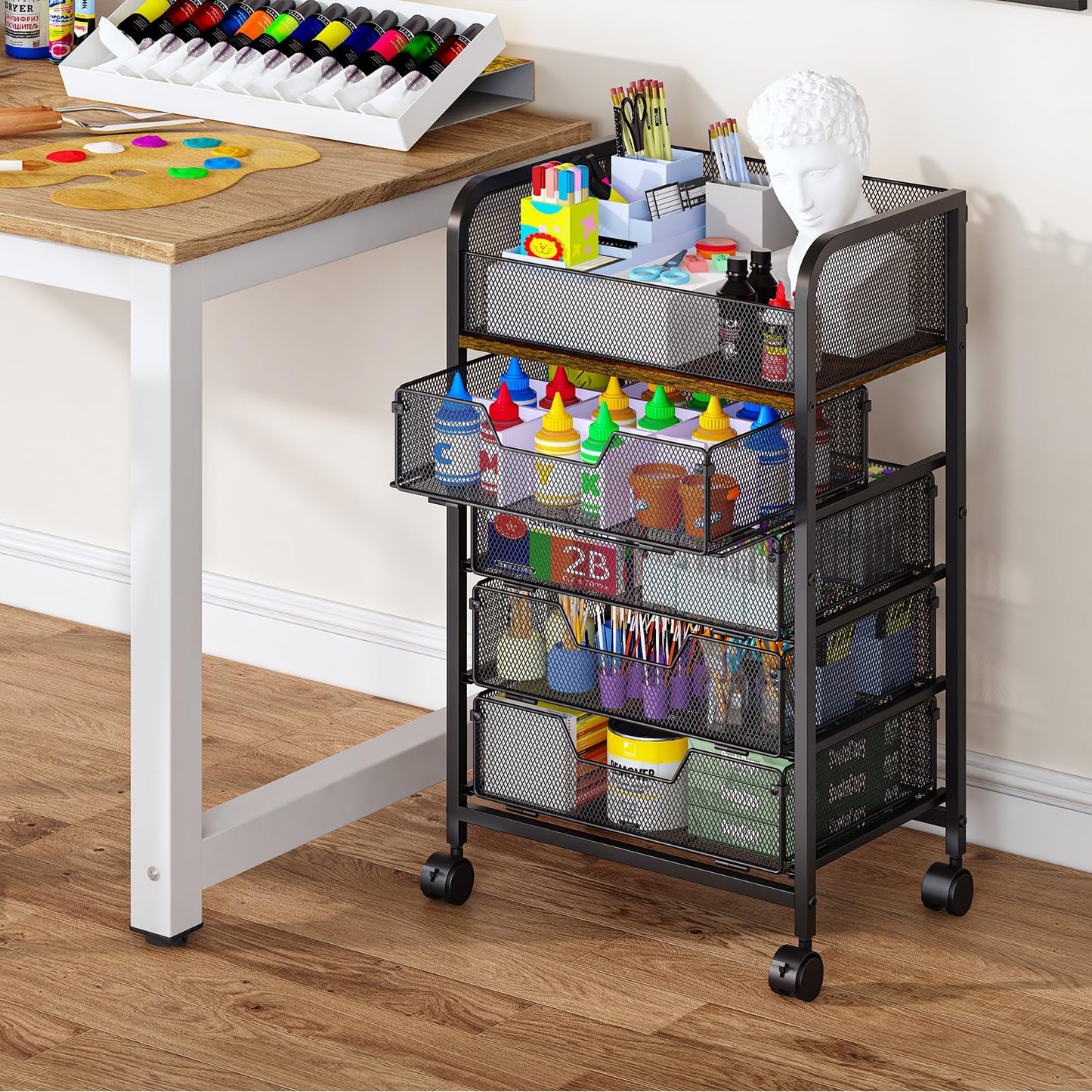 Yociyoga 5-Tier Craft Cart with Wheels-Rolling Storage Cart with Drawers,Rolling Utility Cart with DIY Divider,Art Supply Organizer Cart,Rolling Cart with Drawers,Craft Organizers and Storage,Black