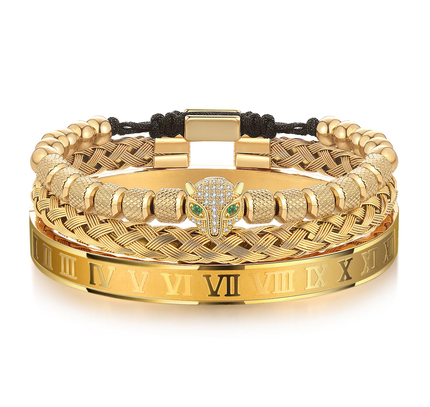 WFYOU 3PCS Stainless Steel Bracelets for Men Gold Roman Numeral Bangle Bracelet Twisted Cable Bracelet Adjustable Cuff Bracelet Mens Luxury Jewelry Bracelets Gifts(O:Gold-CZ Leopard Head)