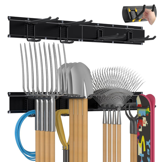 Garage Tool Organizer Wall Mount with 32 inches Rails and Adjustable Heavy-Duty Hooks, Garden Tool Organizer, Carries 300 lbs, Heavy Duty Garage Storage Rack For Yard, Shed, Workshop, Easy to Install