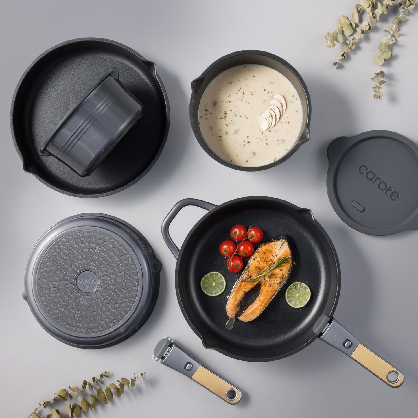 CAROTE 17Pcs Titanium Pots and Pans Set, Cookware Set Nonstick, Kitchen Cooking Set with Detachable Handle, RV/Camping Cookware, Dishwasher/Oven Safe, Grey