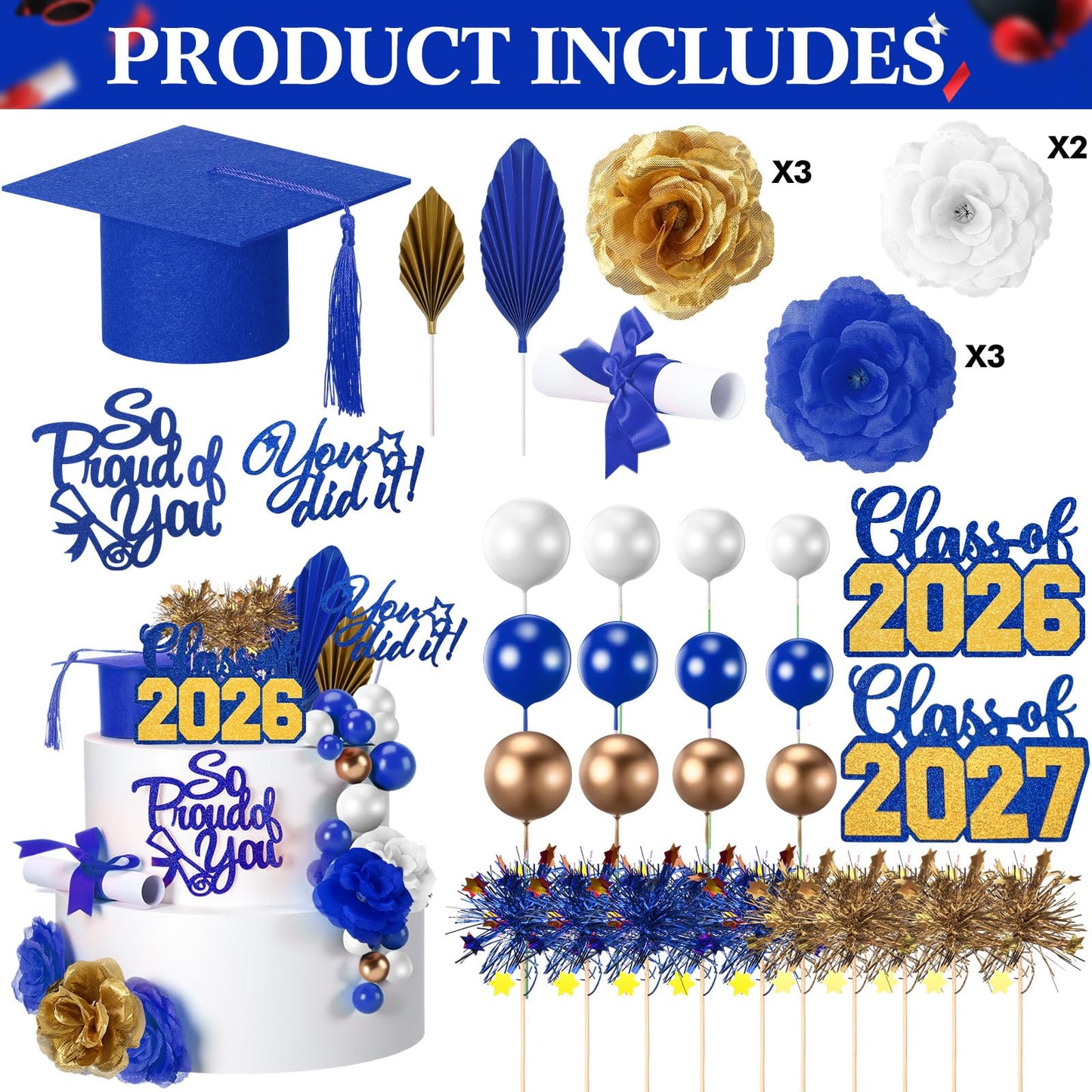 Sureio 48 Pcs Graduation Cake Toppers Class of 2026 Congrats Grad Cake Decor Graduation Cap Diploma Artificial Flower Card Ball Palm Leaves Firework Stick Kit for Theme Party Supplies(Blue, Gold)