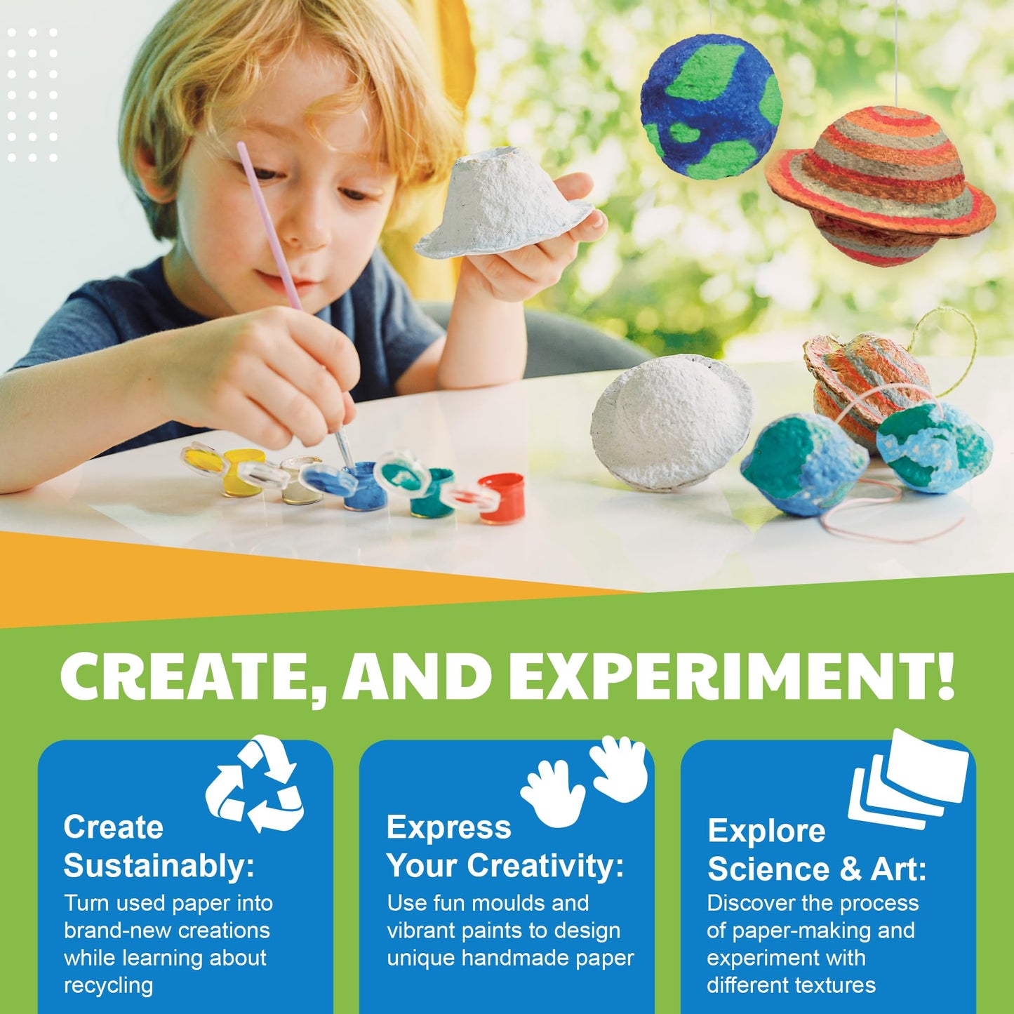 Earth Day Green Science - Paper Making Kit - Recycle and Create Your Own - Paper Making Screen - Green DIY Craft Stem Toys Kit for Kids - Includes Molds, Paints, and Glow-in-the-Dark Features