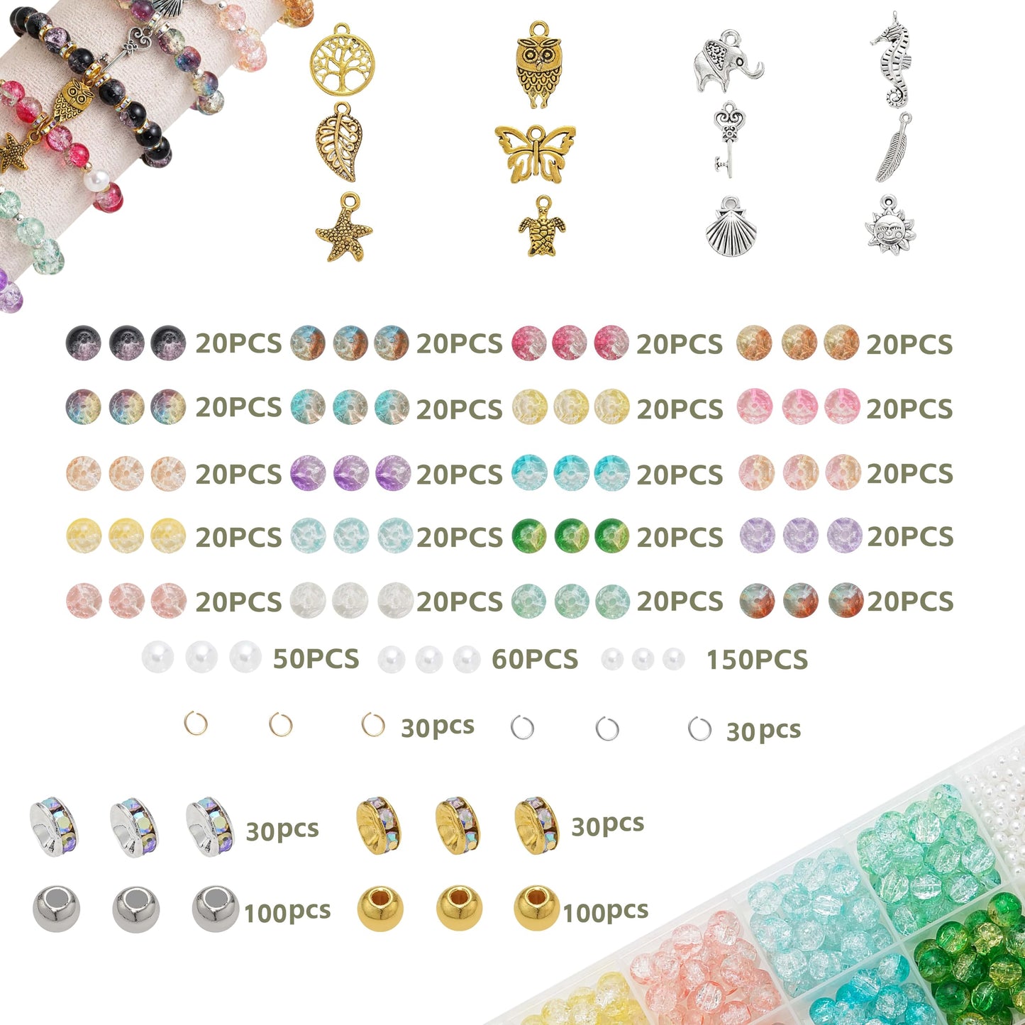 Xylise Glass Beads Bracelet Making Kit, 20 Colors 8mm Crackle Glass Beads for Jewelry Making, Crystal Glass Round Beads Friendship Bracelet kit for DIY Crafts Gifts