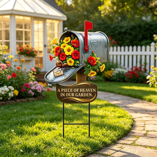 Tooyuart Summer Garden Decor for Outside, 20" Metal Mailbox Yard Art with Flowers, Realistic Floral Grave Marker Stake for Memorial Day Cemetery Patio Lawn Backyard