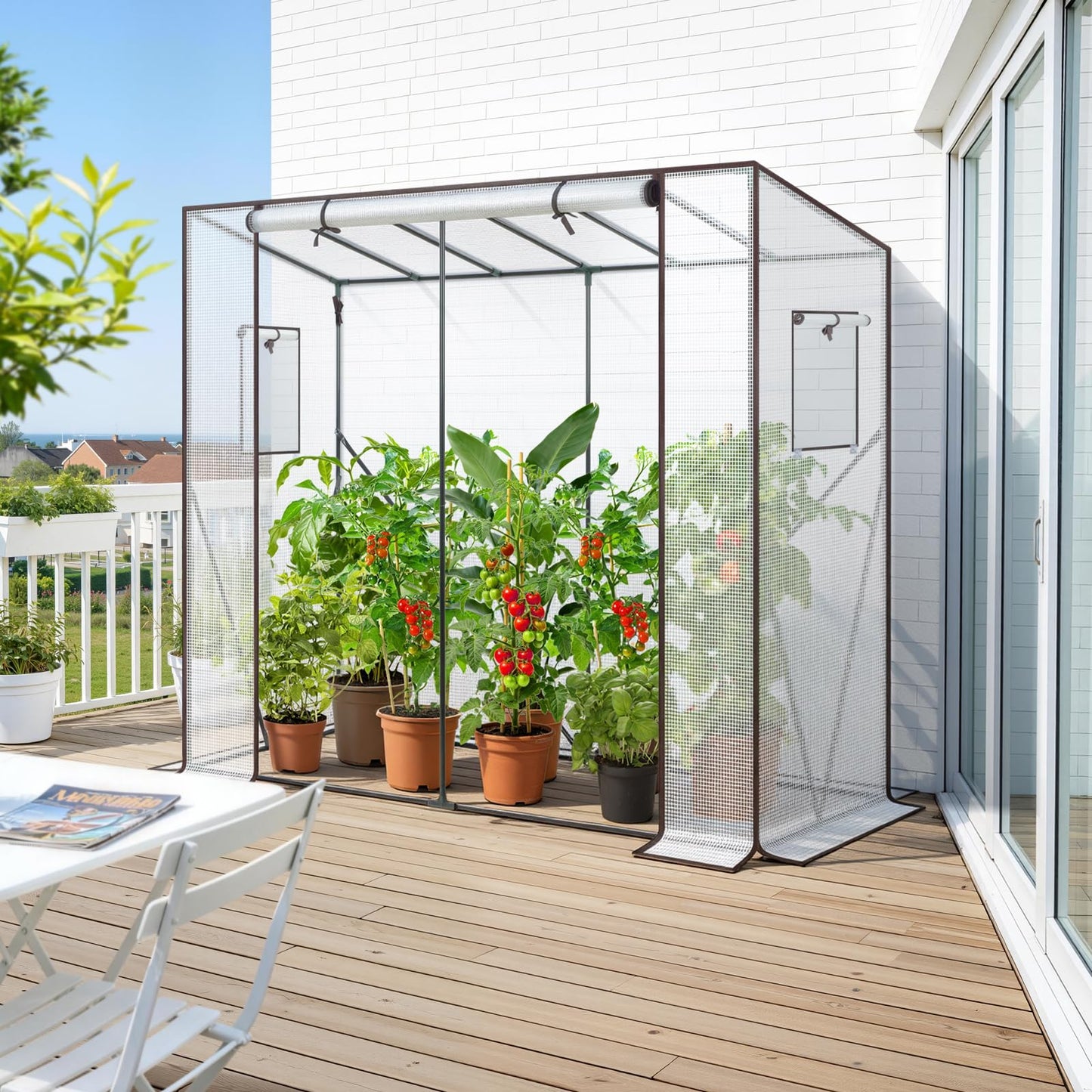 Ohuhu Tomato Greenhouse for Outdoors: Portable Lean to Green House Heavy Duty with Roll-Up Zippered Door, Tall Plastic Greenhouses for Outside Plants Growing Shed Tent for Backyard, 6.6x2.5x5.6 FT