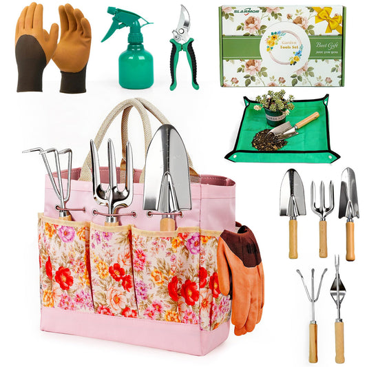 SLARMOR Garden Tool Set, 10 PCS Gardening Essentials, Stainless Steel Garden Hand Tools with Tote Bag, Well-Designed Gardening Supplies Kit Gifts for Women Men Gardeners