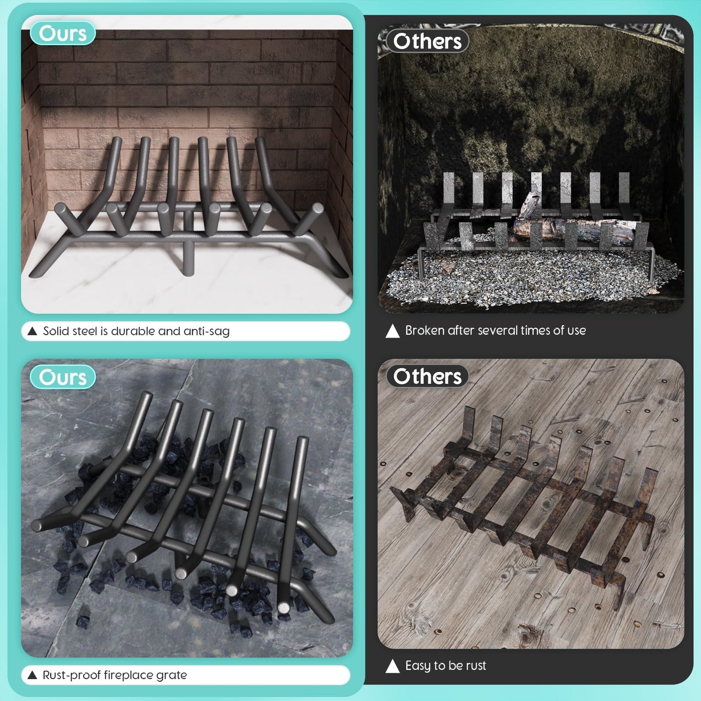 jkxoo 17-Inch Fireplace Grate, Heavy Duty 6-Bar Log Rack Holder Made of Solid Round Steel for Indoor/Outdoor Fire Pits, Wood Stoves & Kindling Tools