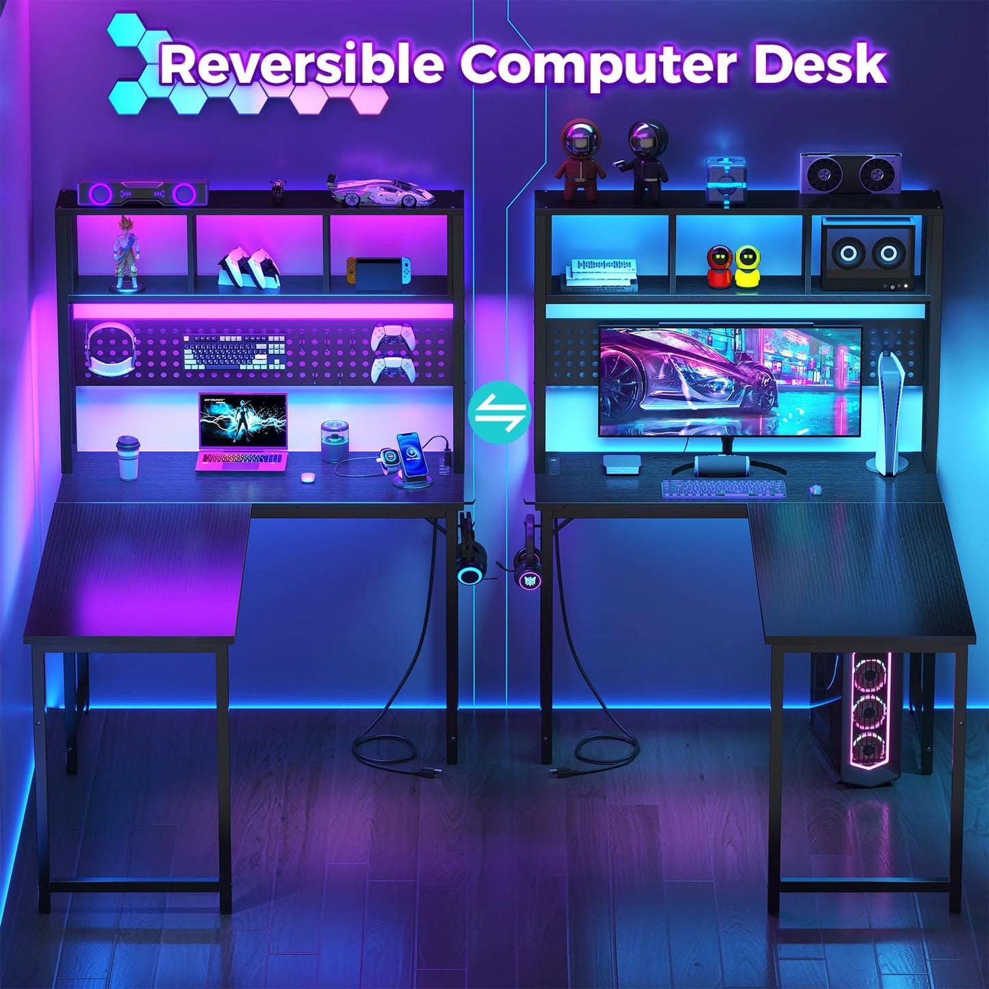 Small Black L Shaped Gaming Desk with Hutch , 47 Inch Corner Gaming Desk with Storage Shelves for Bedroom Small Space, Reversible L-Shaped Computer PC Desks with Pegboard LED Light for Kids Boys Girls