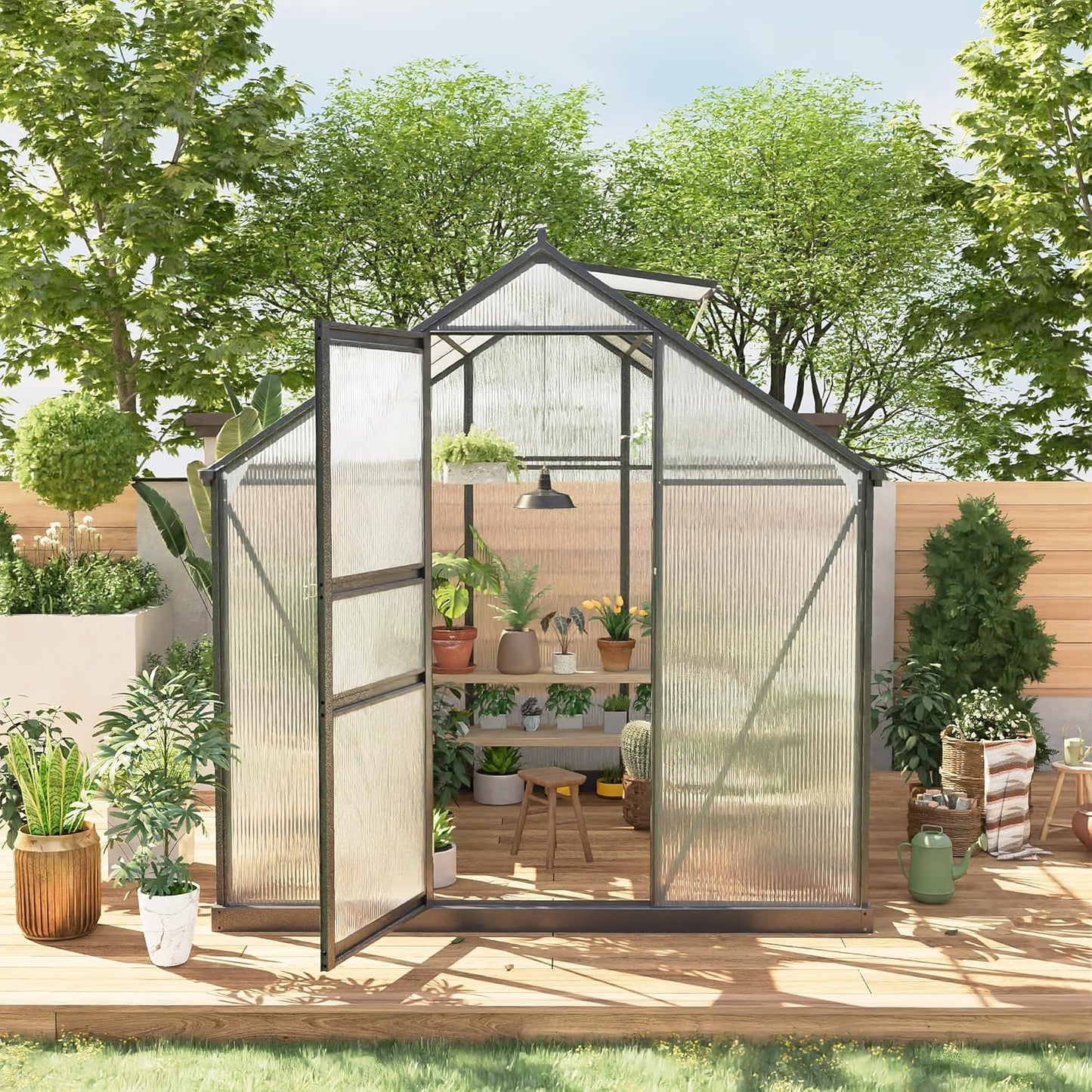 6x6FT Walk-in Greenhouses for Outdoors, Heavy Duty Polycarbonate Green House with Quick Setup Structure, Roof Vent, Push-Pull Lockable Door, Aluminum Green House for Garden Backyard, Patio, Lawn