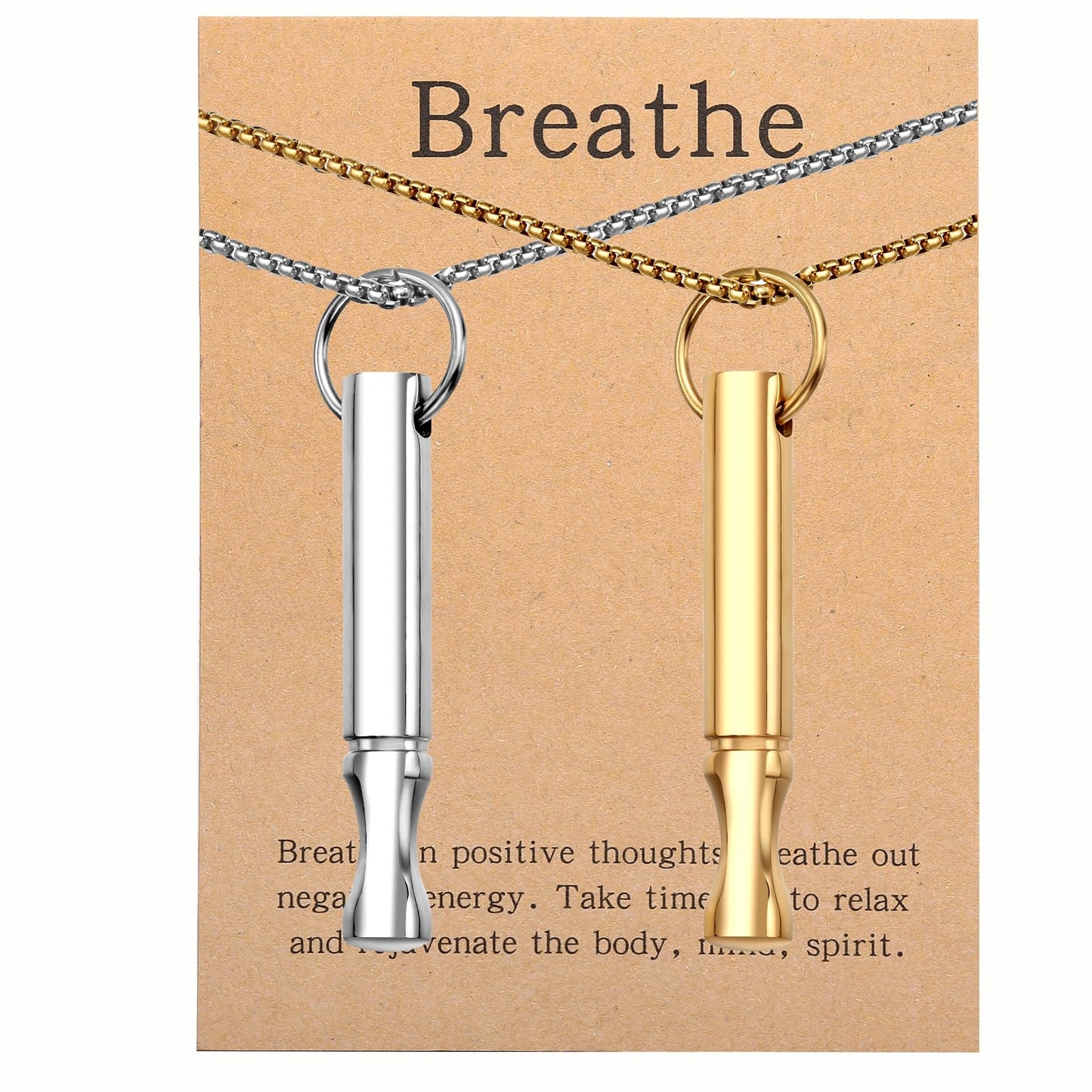Mindfulness Breathing Necklace Stress Relief Pendant Stainless Steel Anxiety Breathe Necklace for Women Men (Rotundity, Steel+Gold)