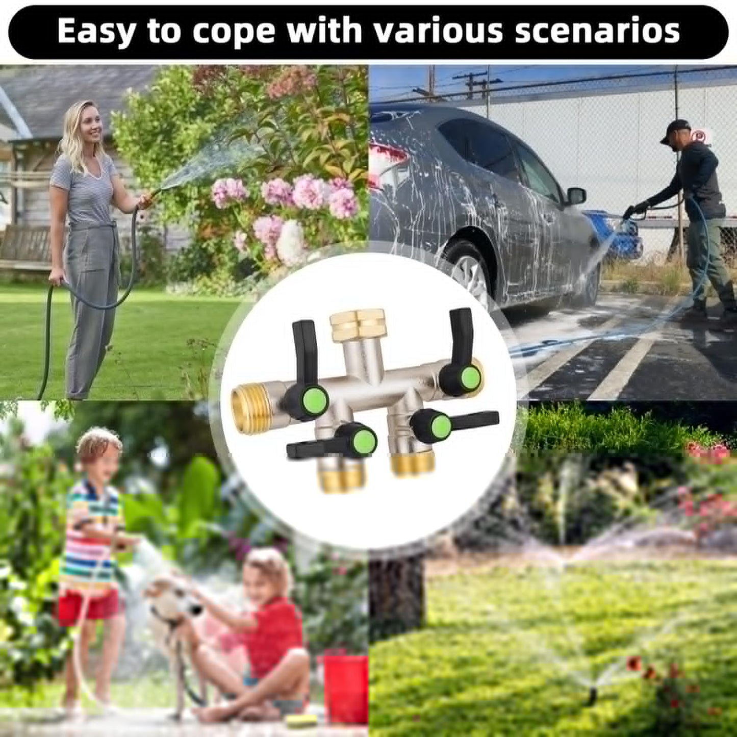 EJW 4 Way Garden Hose Splitter, Heavy Duty Garden Hose Splitter, High Flow Garden Hose Splitters, Fitting 3/4” Brass Outdoor Hose Splitter, Garden Hose Adapter Connector,Water Hose Splitter.